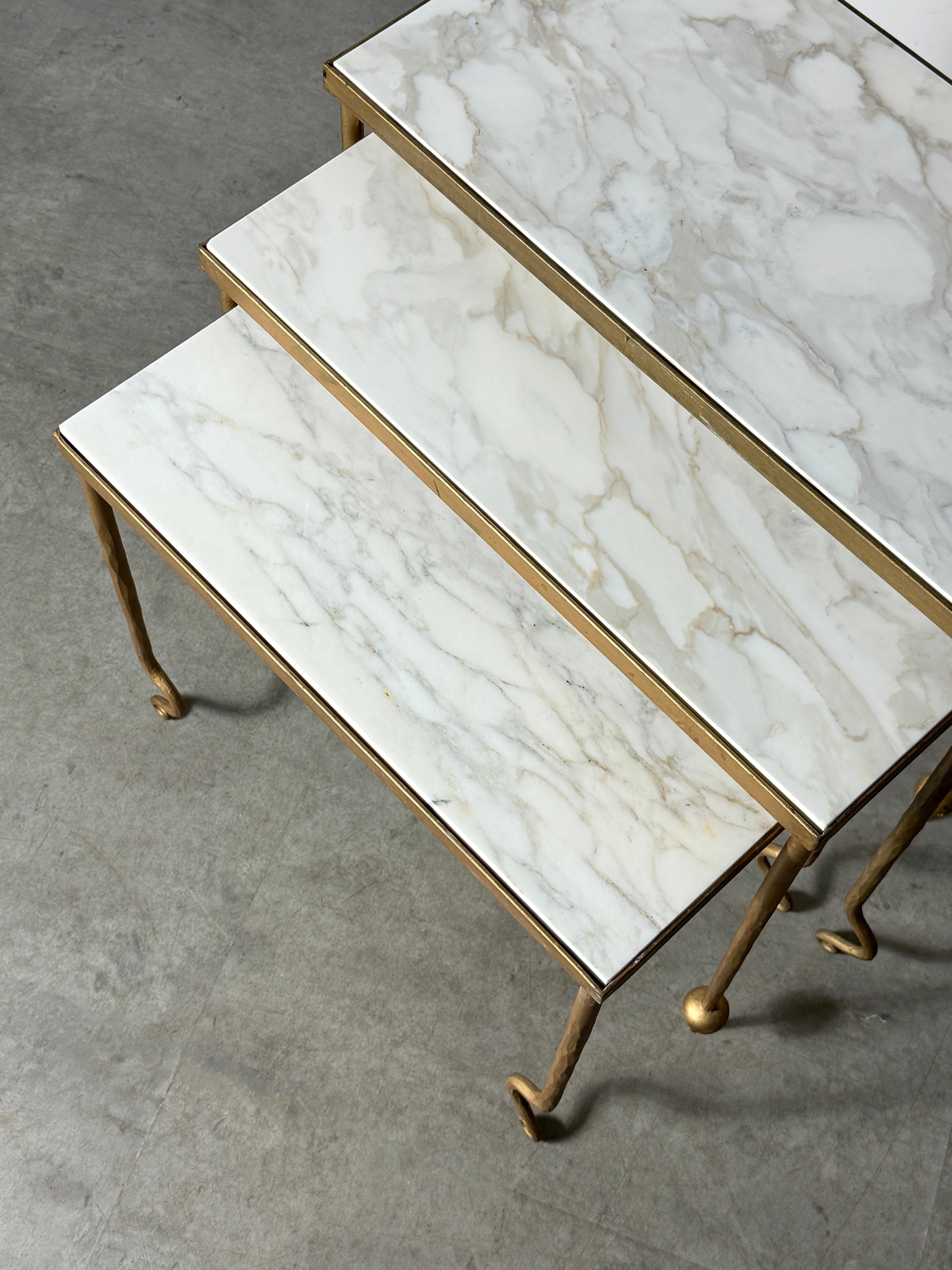 Set of 3 Sculptural Gilt Marble Nesting Tables Style of René Drouet France 1940s For Sale 6