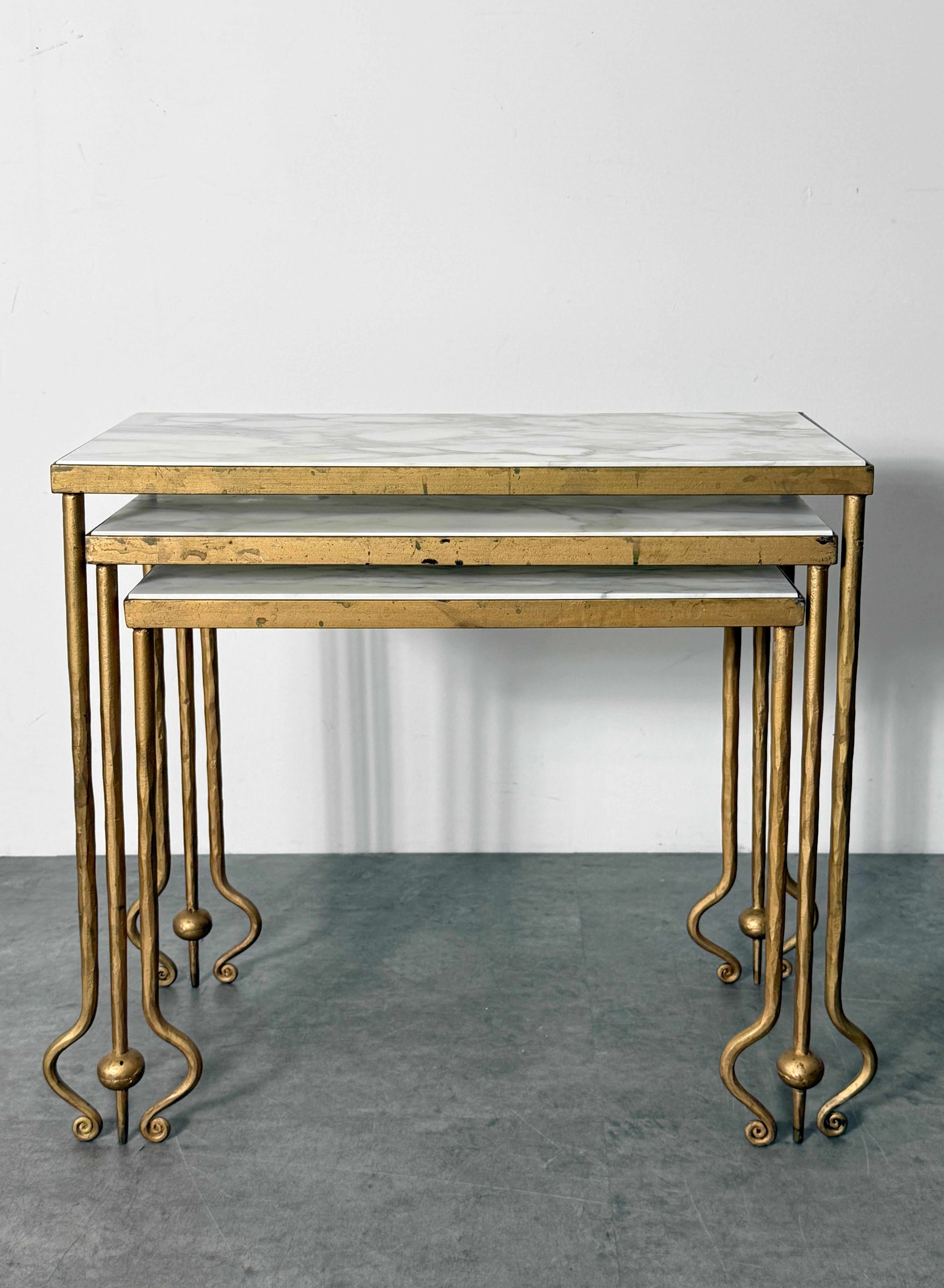 Set of 3 Sculptural Gilt Marble Nesting Tables Style of René Drouet France 1940s For Sale 7