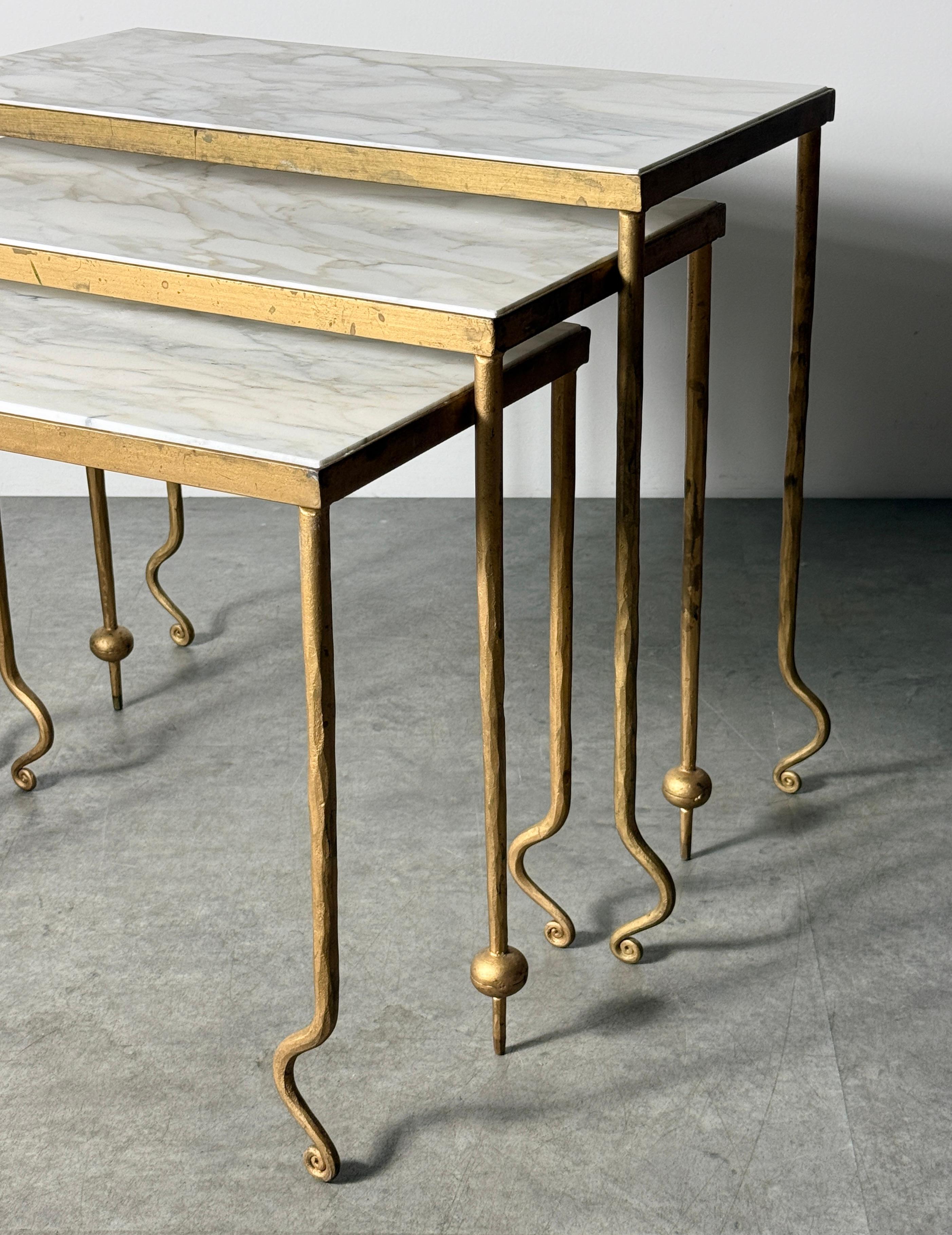 Set of 3 Sculptural Gilt Marble Nesting Tables Style of René Drouet France 1940s For Sale 1