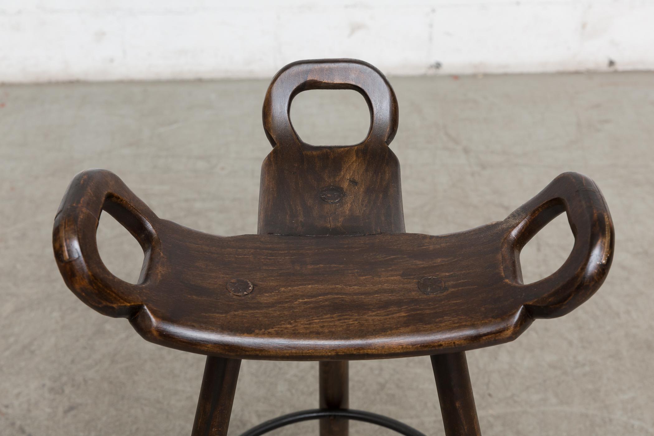 Set of 3 Sergio Rodriguez Style Dark Spanish 'Marbella' Bar Stools In Good Condition In Los Angeles, CA