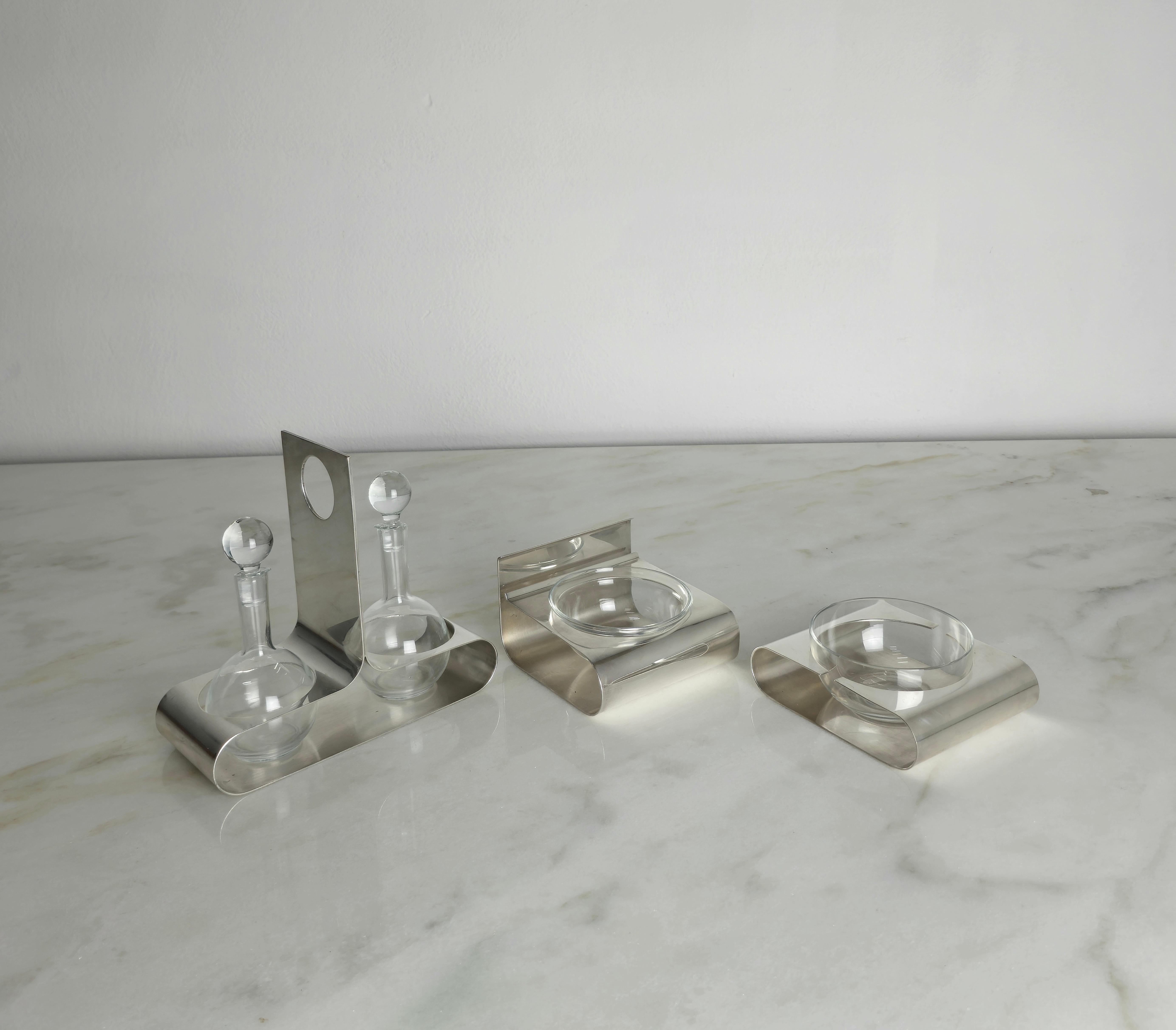 Mid-Century Modern Set of 3 Serving Pieces Lino Sabattini Silver Plating Glass Midcentury Italy 70s For Sale