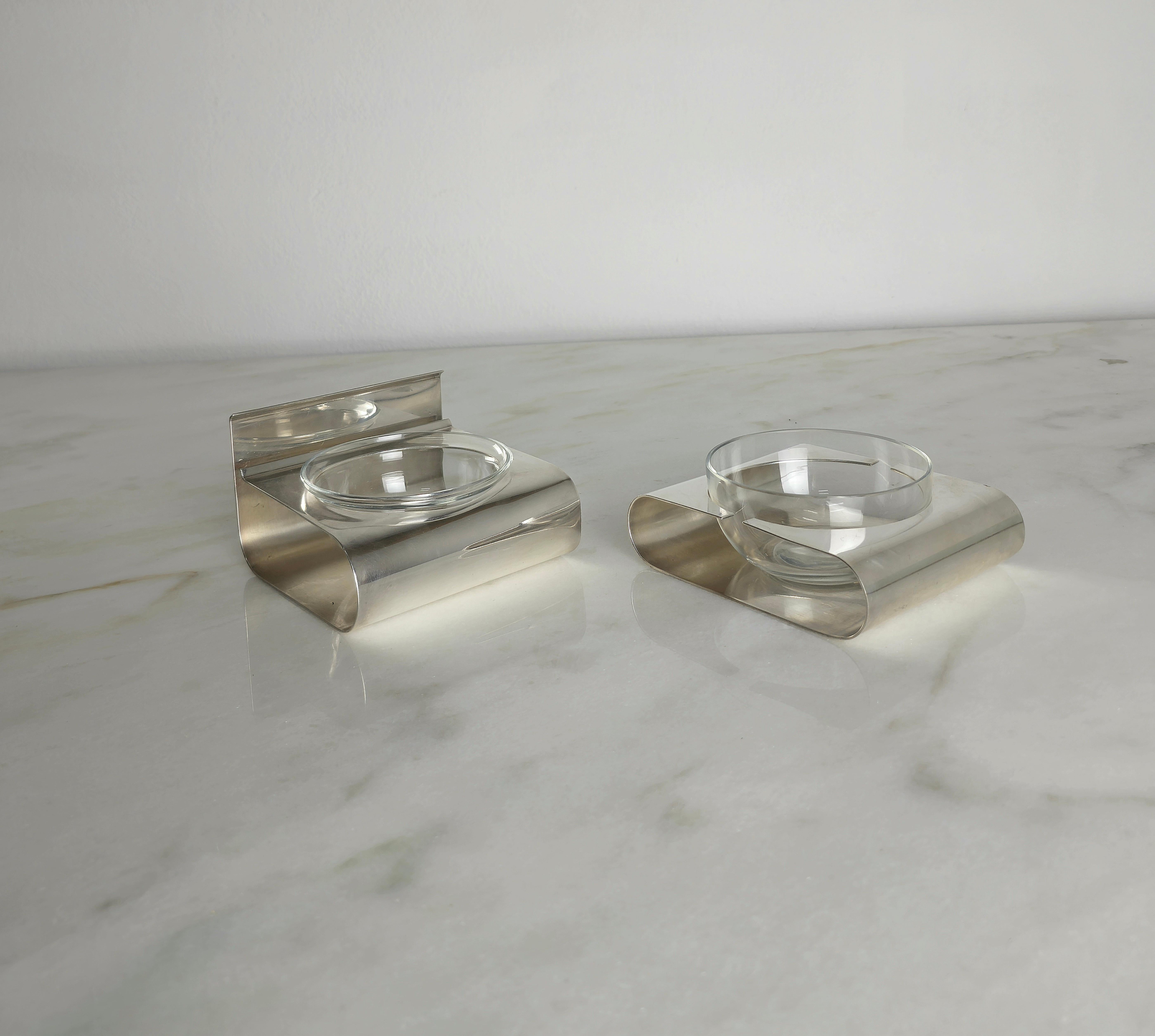 Set of 3 Serving Pieces Lino Sabattini Silver Plating Glass Midcentury Italy 70s In Good Condition In Palermo, IT