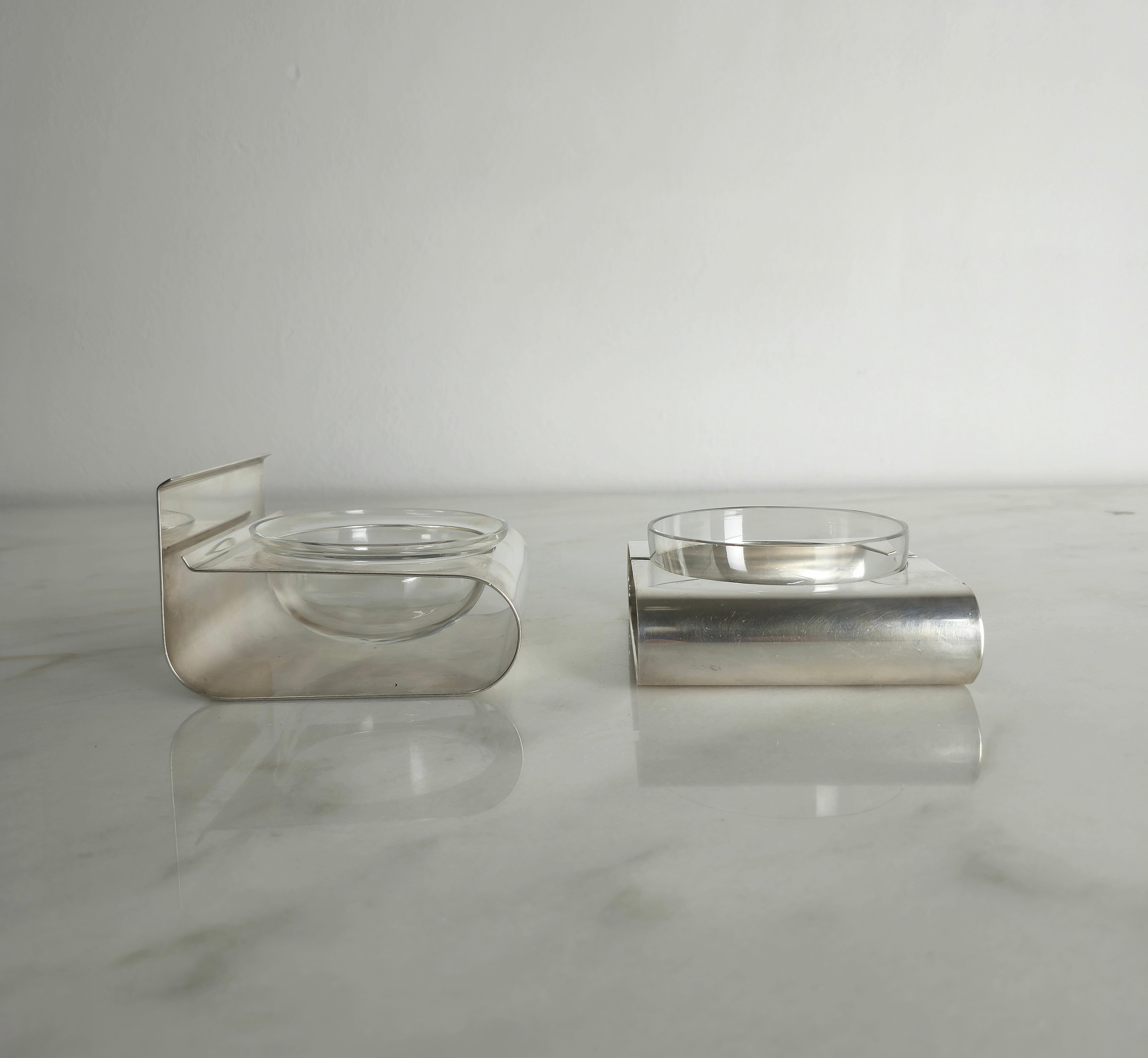 20ième siècle Set of 3 Serving Pieces Lino Sabattini Silver Plating Glass Midcentury Italy 70s en vente