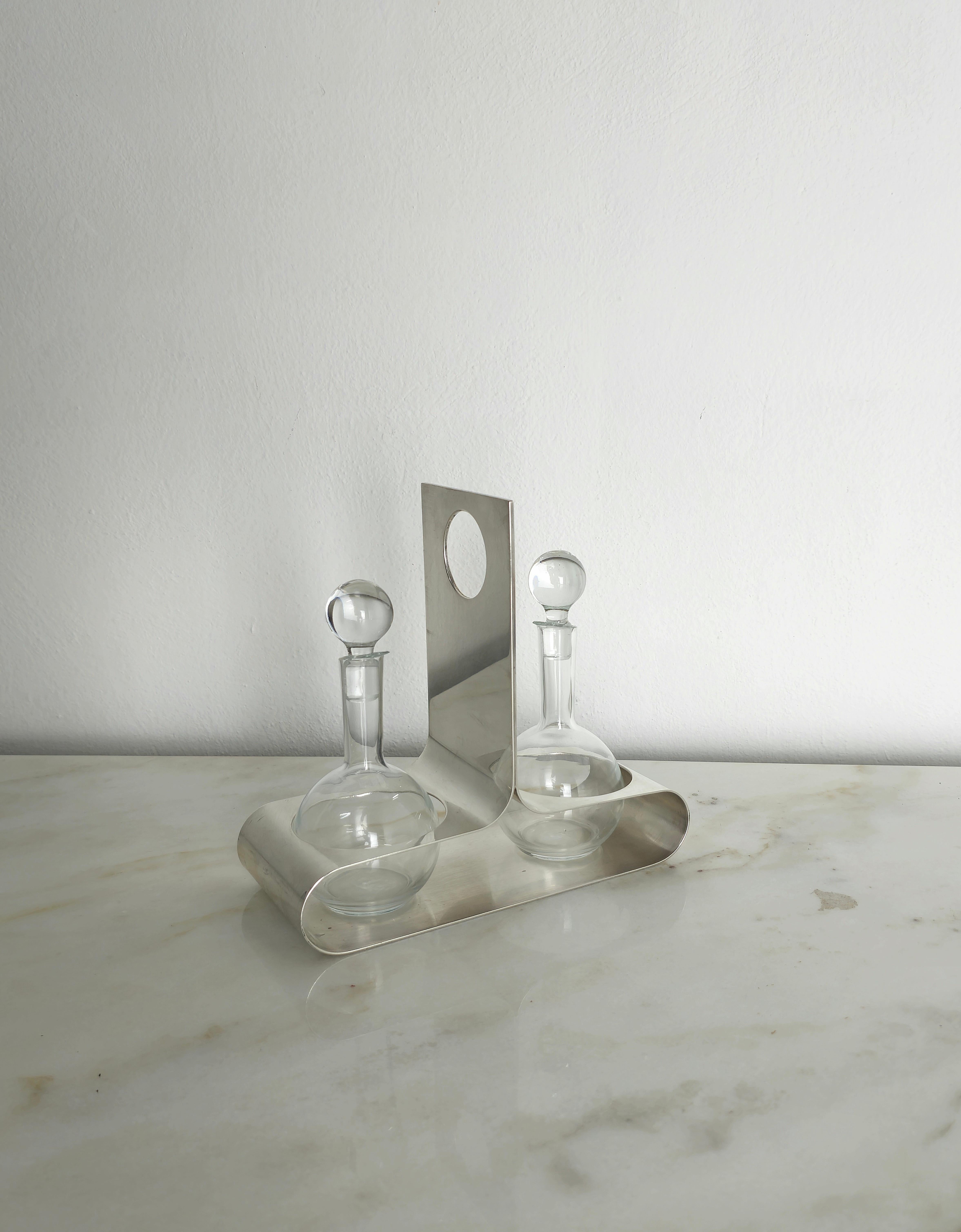 Set of 3 Serving Pieces Lino Sabattini Silver Plating Glass Midcentury Italy 70s en vente 1