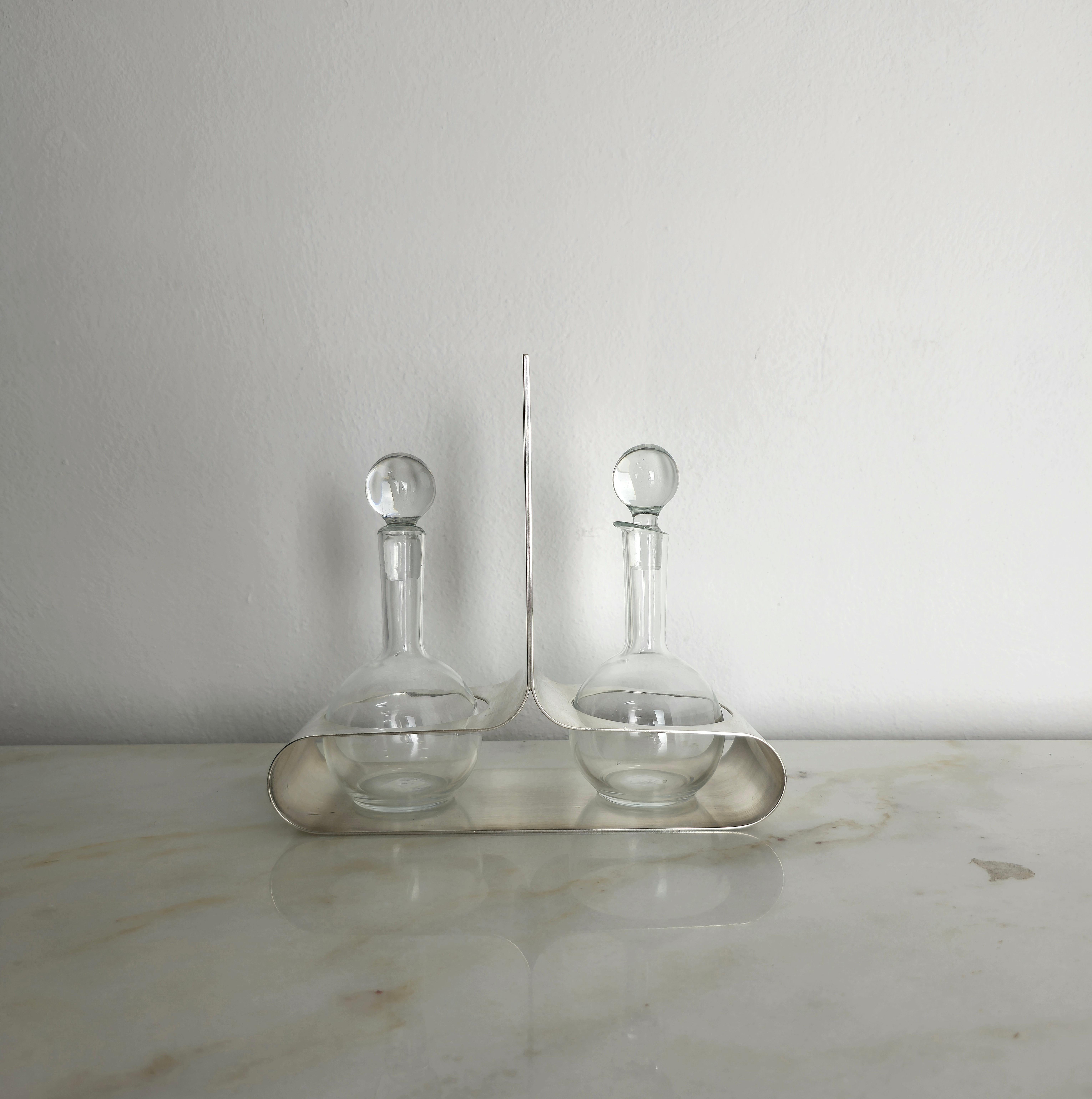 Set of 3 Serving Pieces Lino Sabattini Silver Plating Glass Midcentury Italy 70s en vente 2