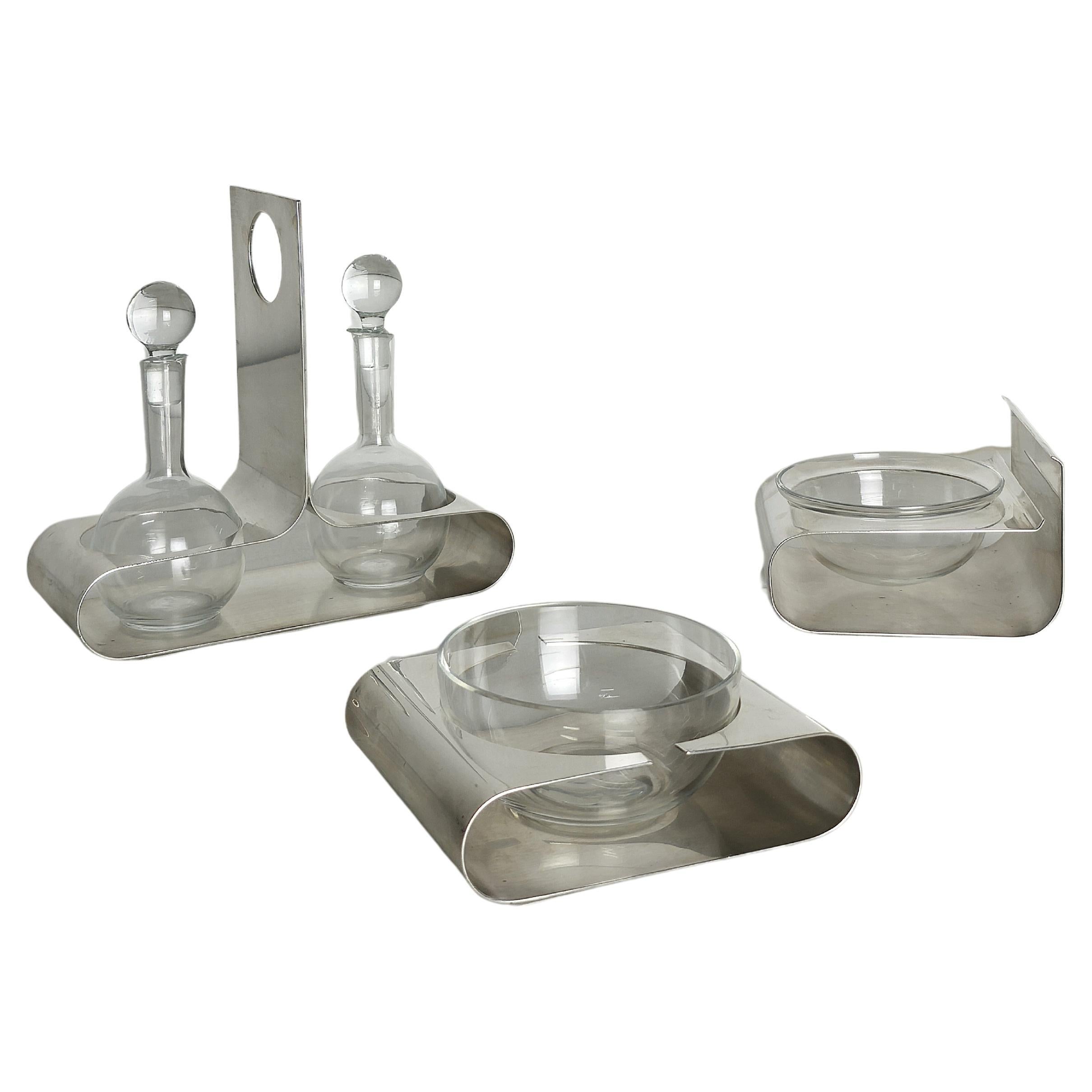 Set of 3 Serving Pieces Lino Sabattini Silver Plating Glass Midcentury Italy 70s en vente
