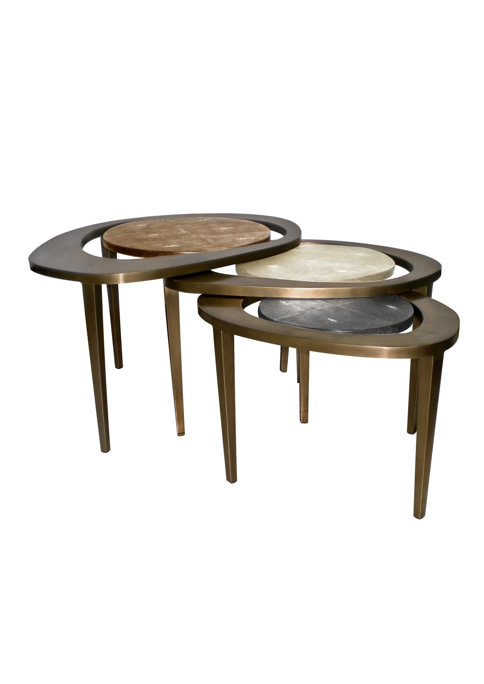 Set of 3 Shagreen Nesting Side Tables with Brass Inlay Work by R&Y Augousti For Sale 8