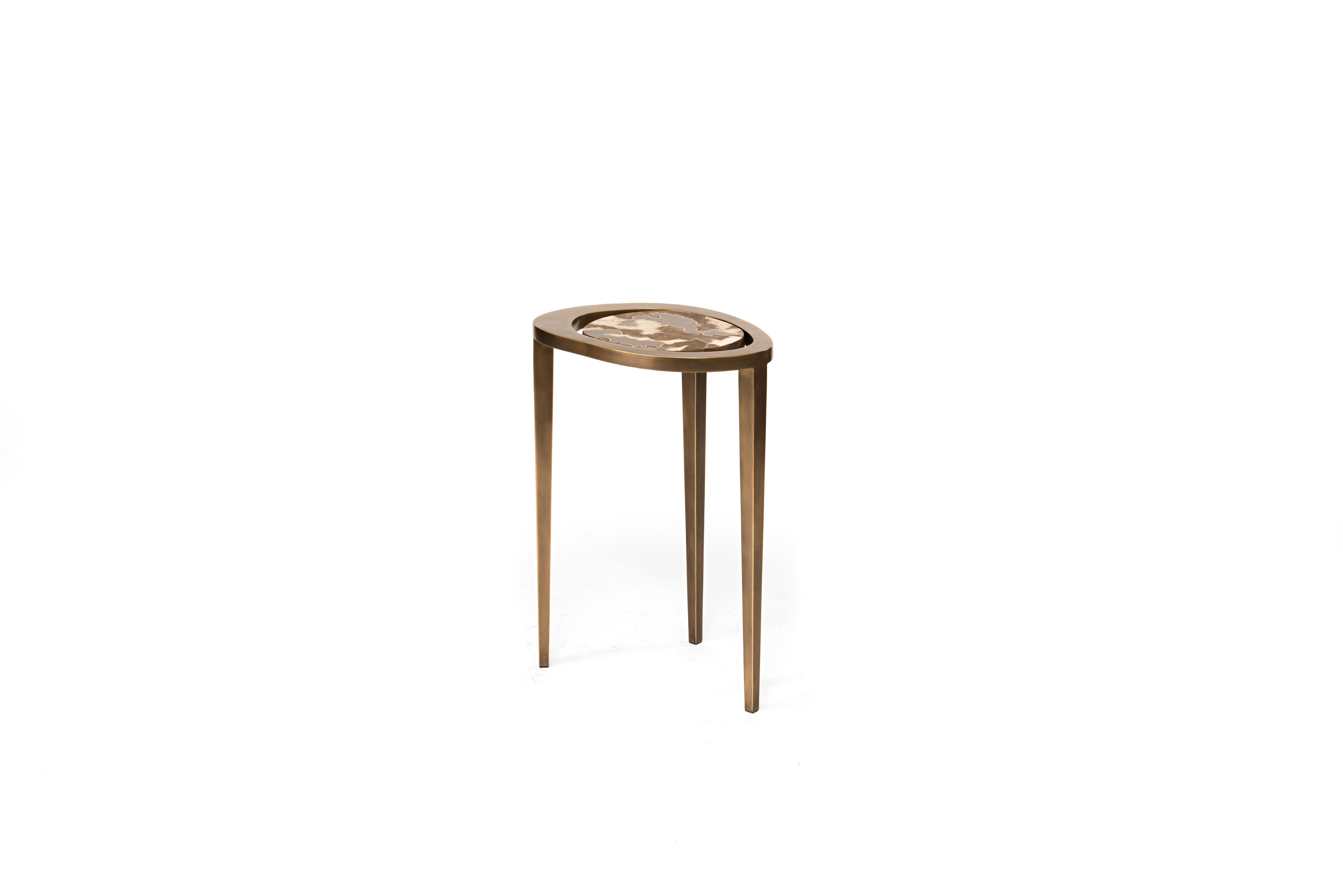 French Set of 3 Shagreen Nesting Side Tables with Brass Inlay Work by R&Y Augousti For Sale