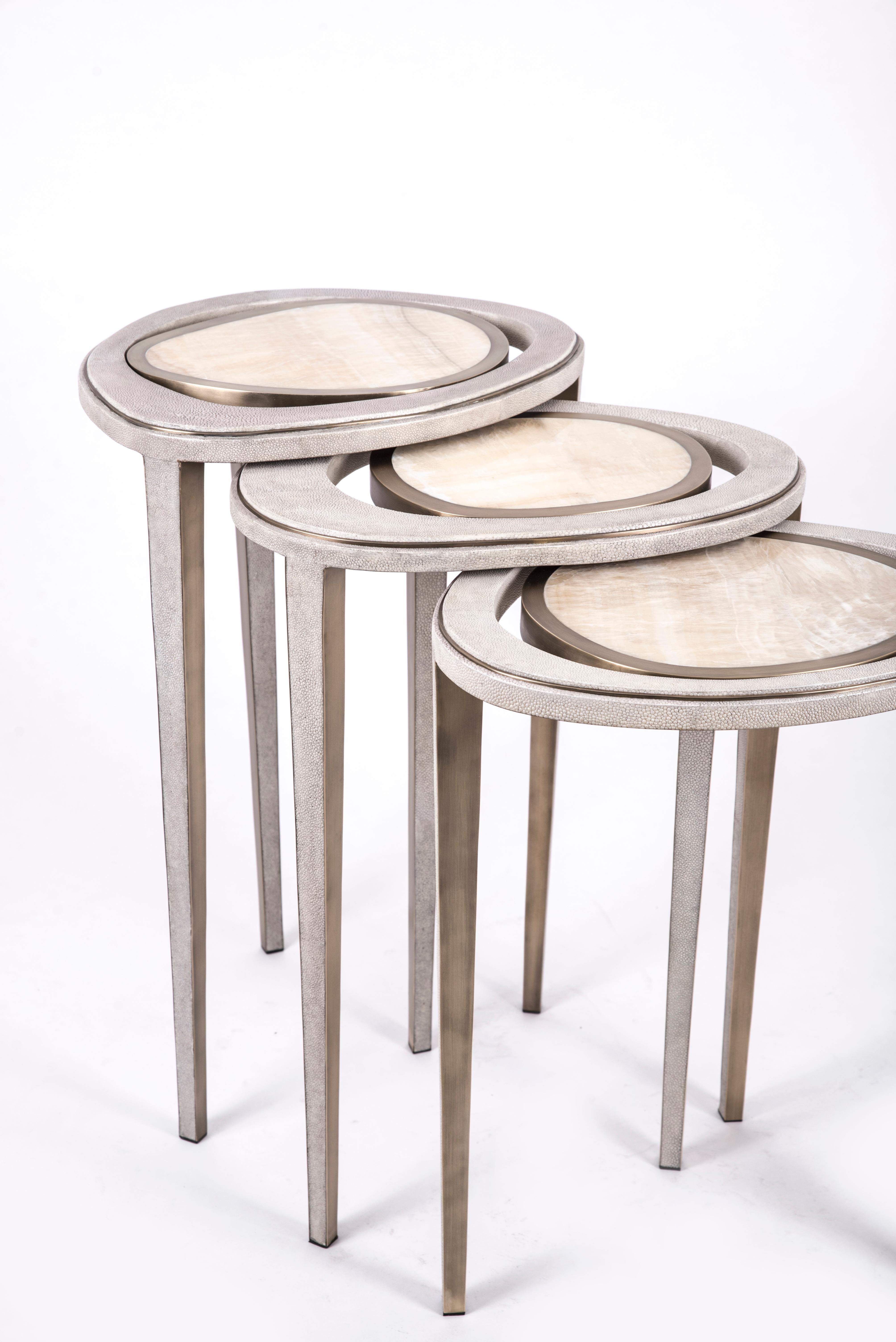 Set of 3 Shagreen Nesting Side Tables with Brass Inlay Work by R&Y Augousti In New Condition For Sale In New York, NY