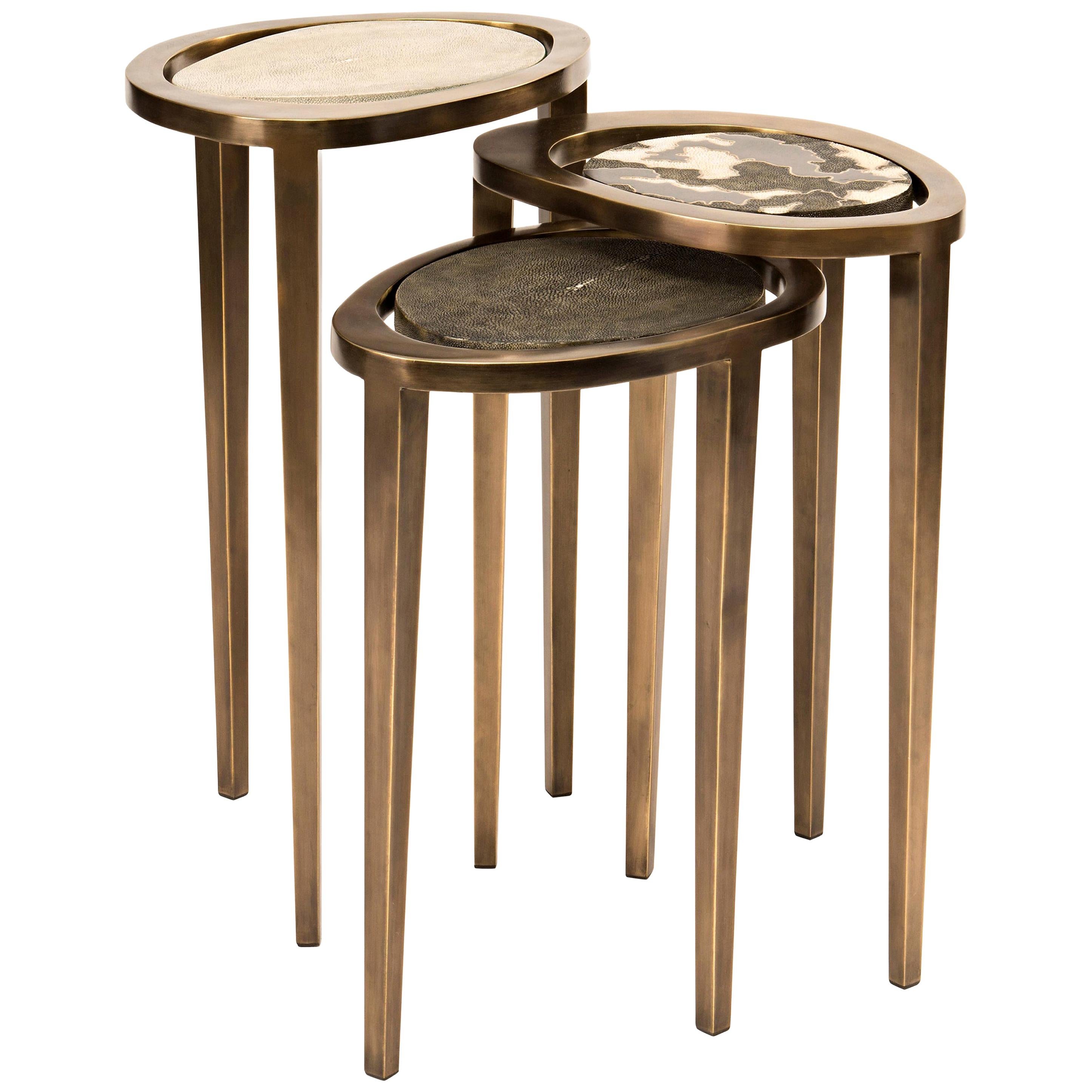 Set of 3 Shagreen Nesting Side Tables with Brass Inlay Work by R&Y Augousti