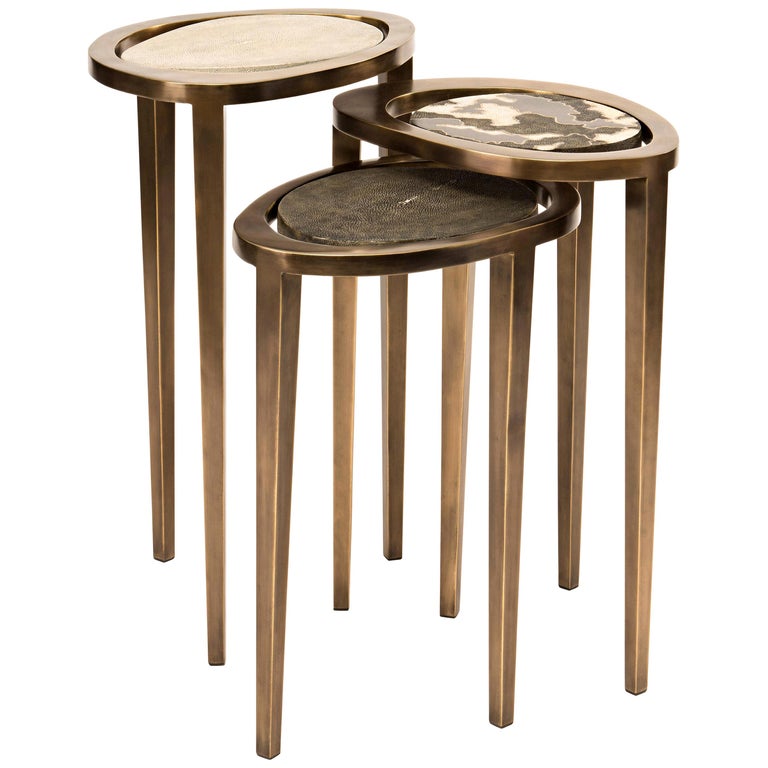 Set of 3 Shagreen Nesting Side Tables with Brass Inlay Work by R&Y