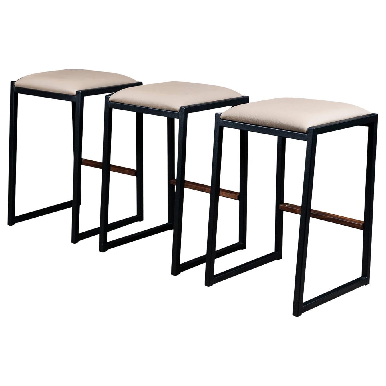 3x Shaker Backless Stool by Ambrozia, Walnut, Black Steel, Sandle Vinyl