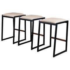 3x Shaker Backless Stool by Ambrozia, Walnut, Black Steel, Sandle Vinyl