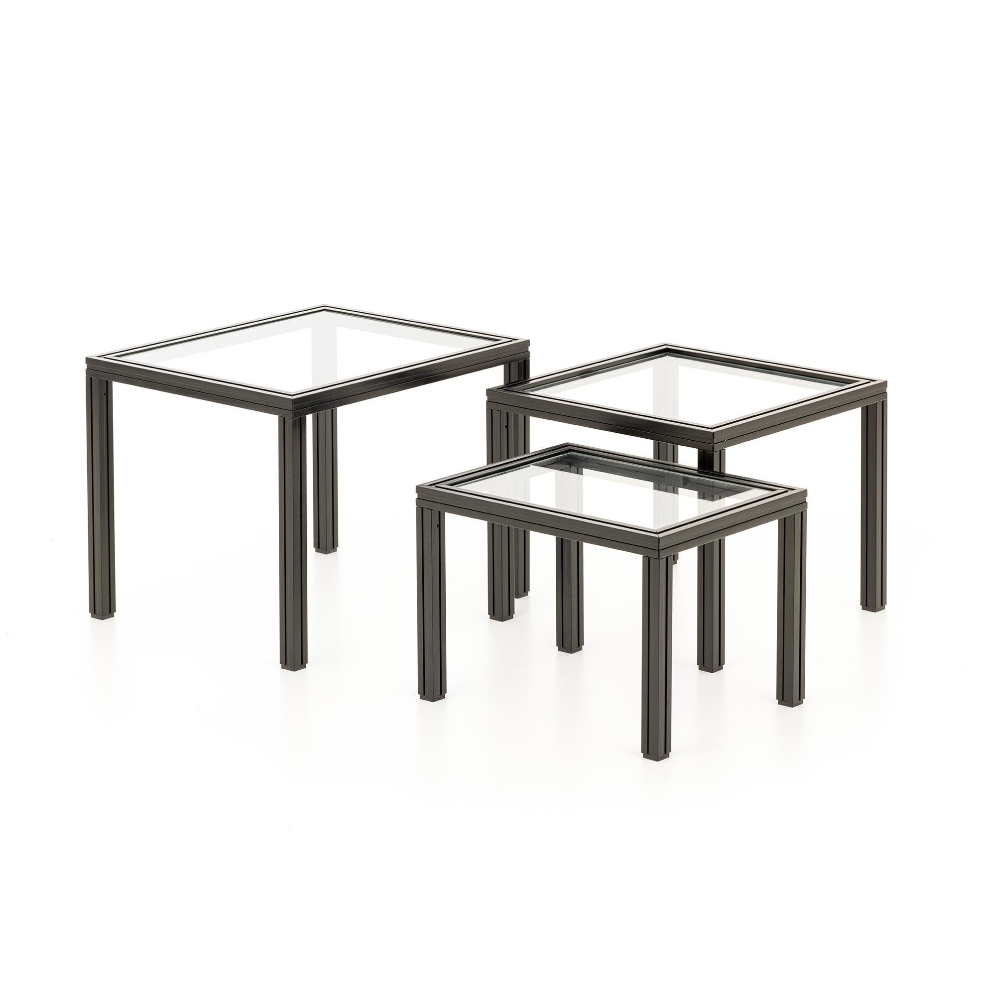 Portuguese Set of 3 Side Tables in Black Metal and Glass For Sale