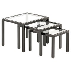 Set of 3 Side Tables in Black Metal and Glass