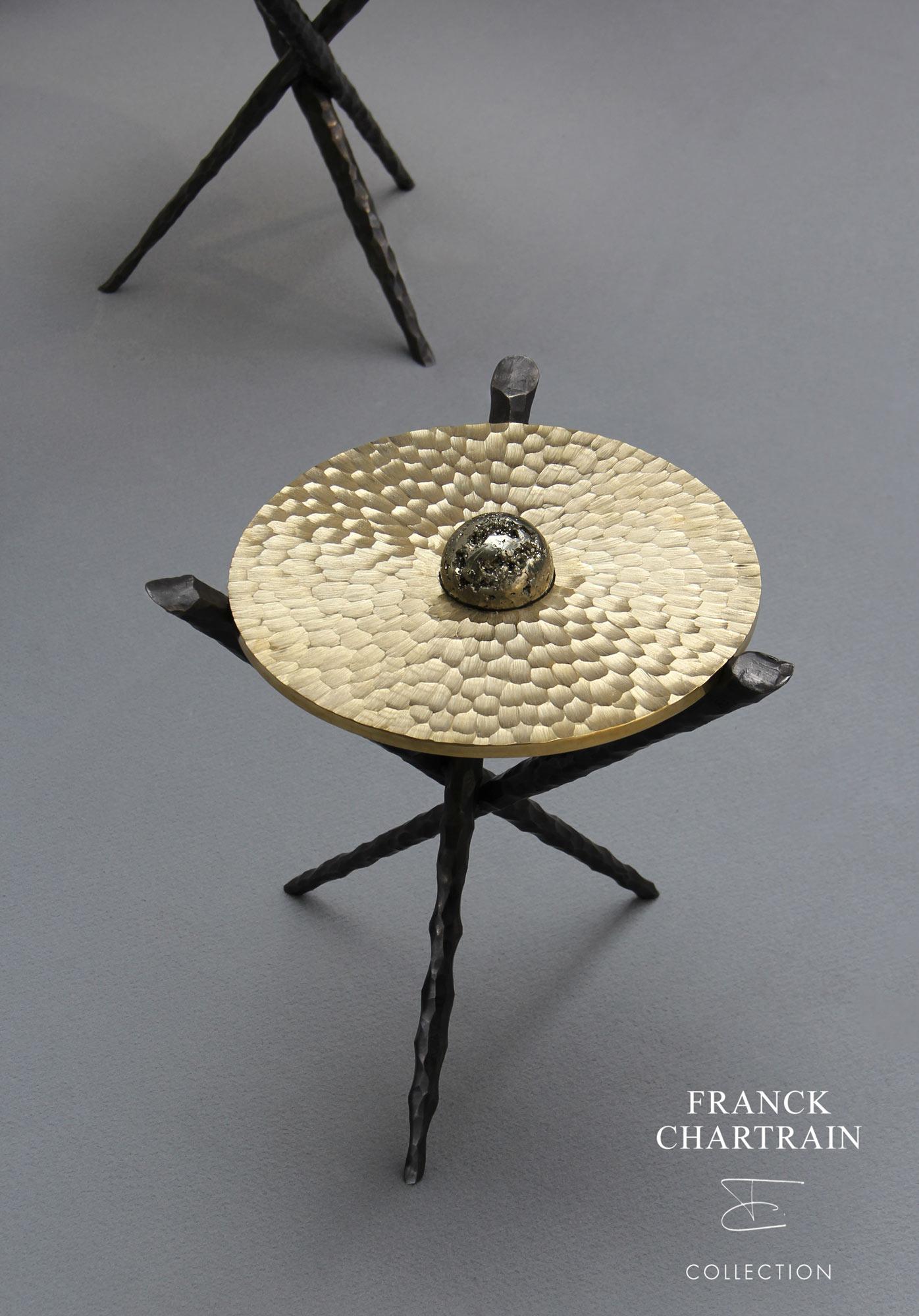 French Set of 3 Side Tables in Bronze and Forged Steel, Franck Chartrain, France For Sale
