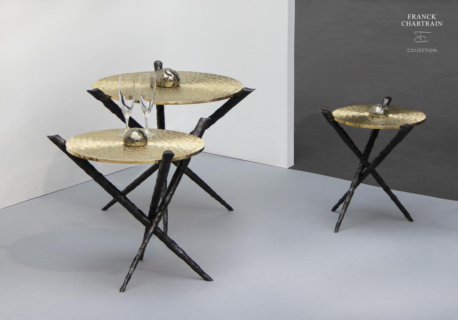 Contemporary Set of 3 Side Tables in Bronze and Forged Steel, Franck Chartrain, France For Sale