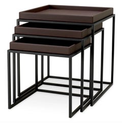 Set of 3 Side Tables in Dark Brown Faux Leather and Black Finish