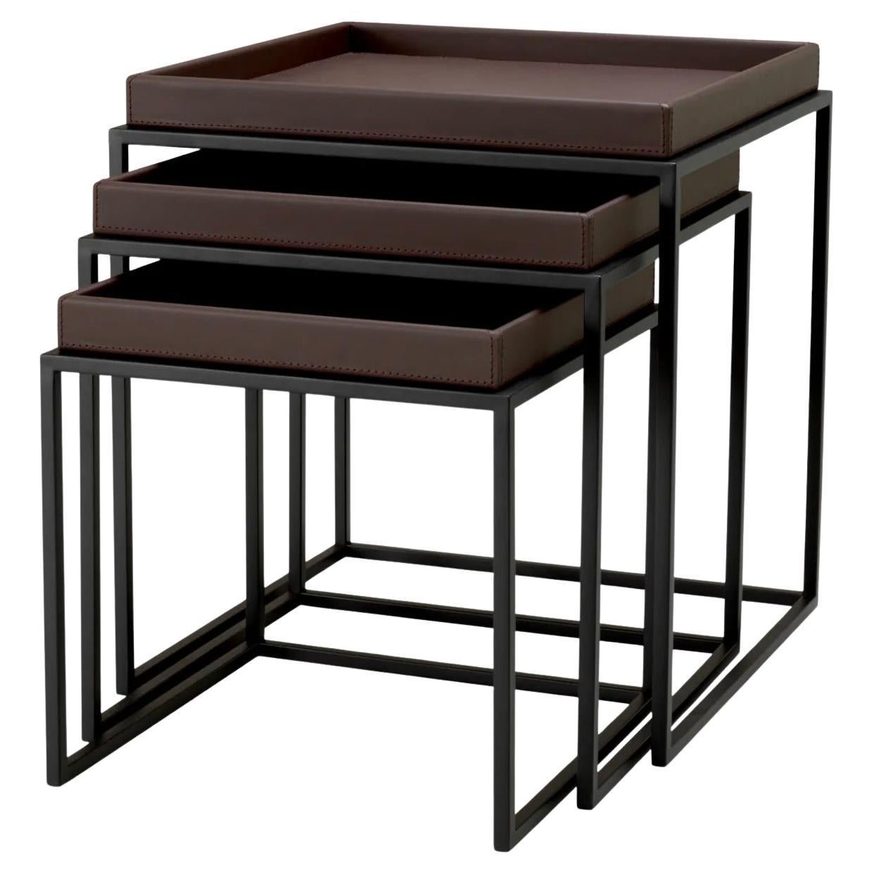 Set of 3 Side Tables in Dark Brown Faux Leather and Black Finish
