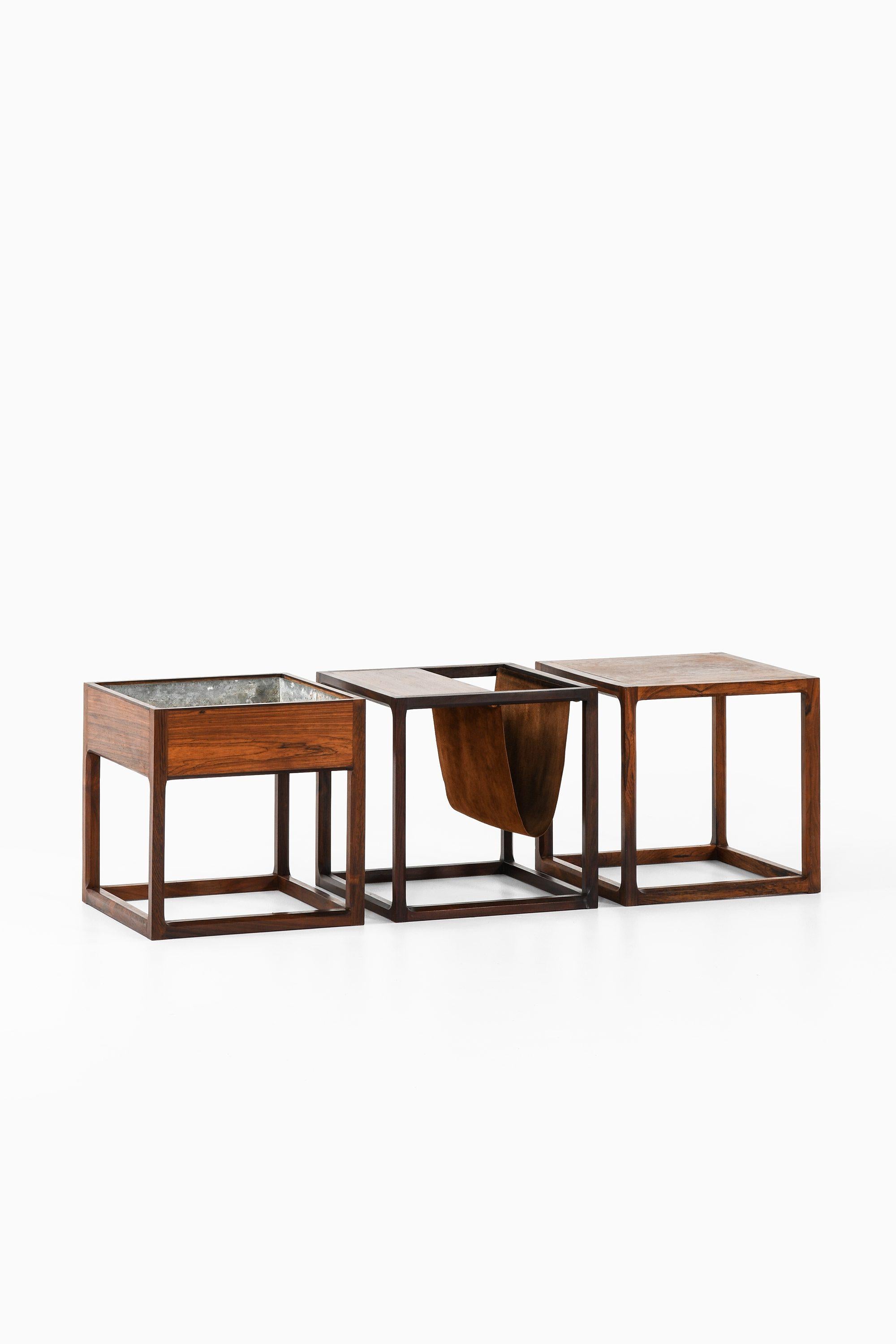 Set of 3 Side Tables in Rosewood, Suede and Zink by Kai Kristiansen, 1960’s

Additional Information:
Material: Rosewood, suede, zink
Style: Mid century, Scandinavian
Produced by Aksel Kjersgaard in Denmark
Dimensions (W x D x H): 44.5 x 44.5 x