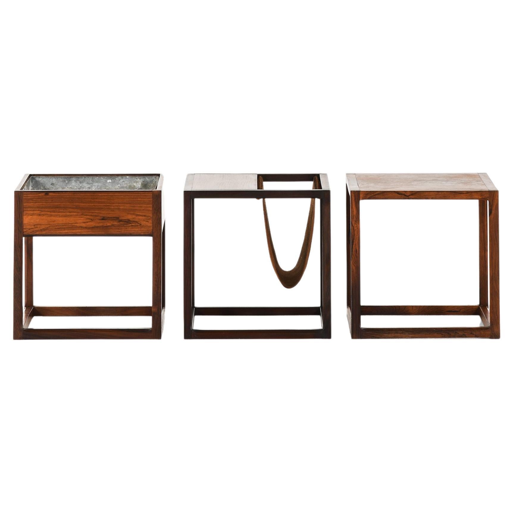 Set of 3 Side Tables in Rosewood, Suede and Zink by Kai Kristiansen, 1960s For Sale