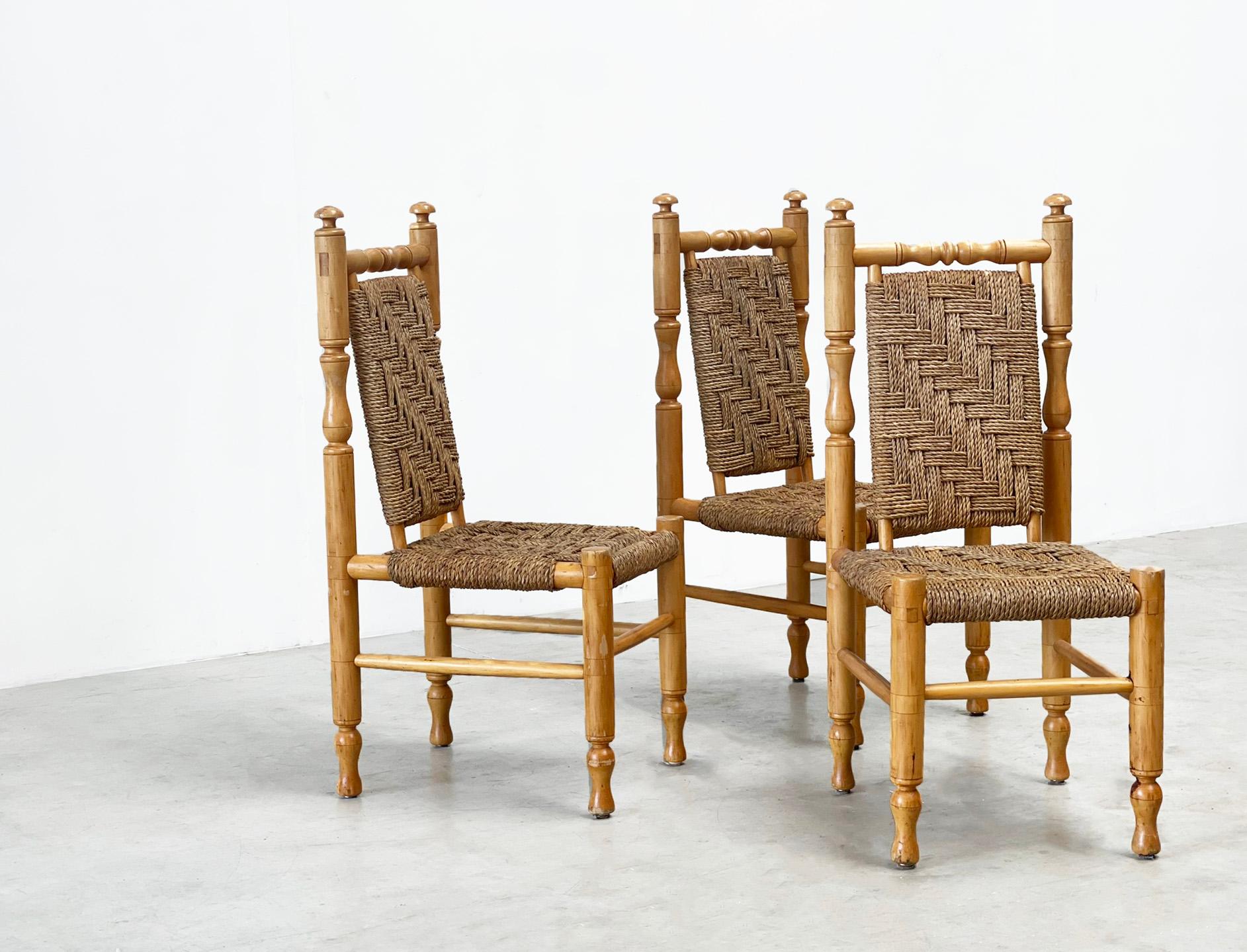 Late 20th Century set of 3 sidechairs / dining chairs by by Adrien Audoux & Frida Minet For Sale
