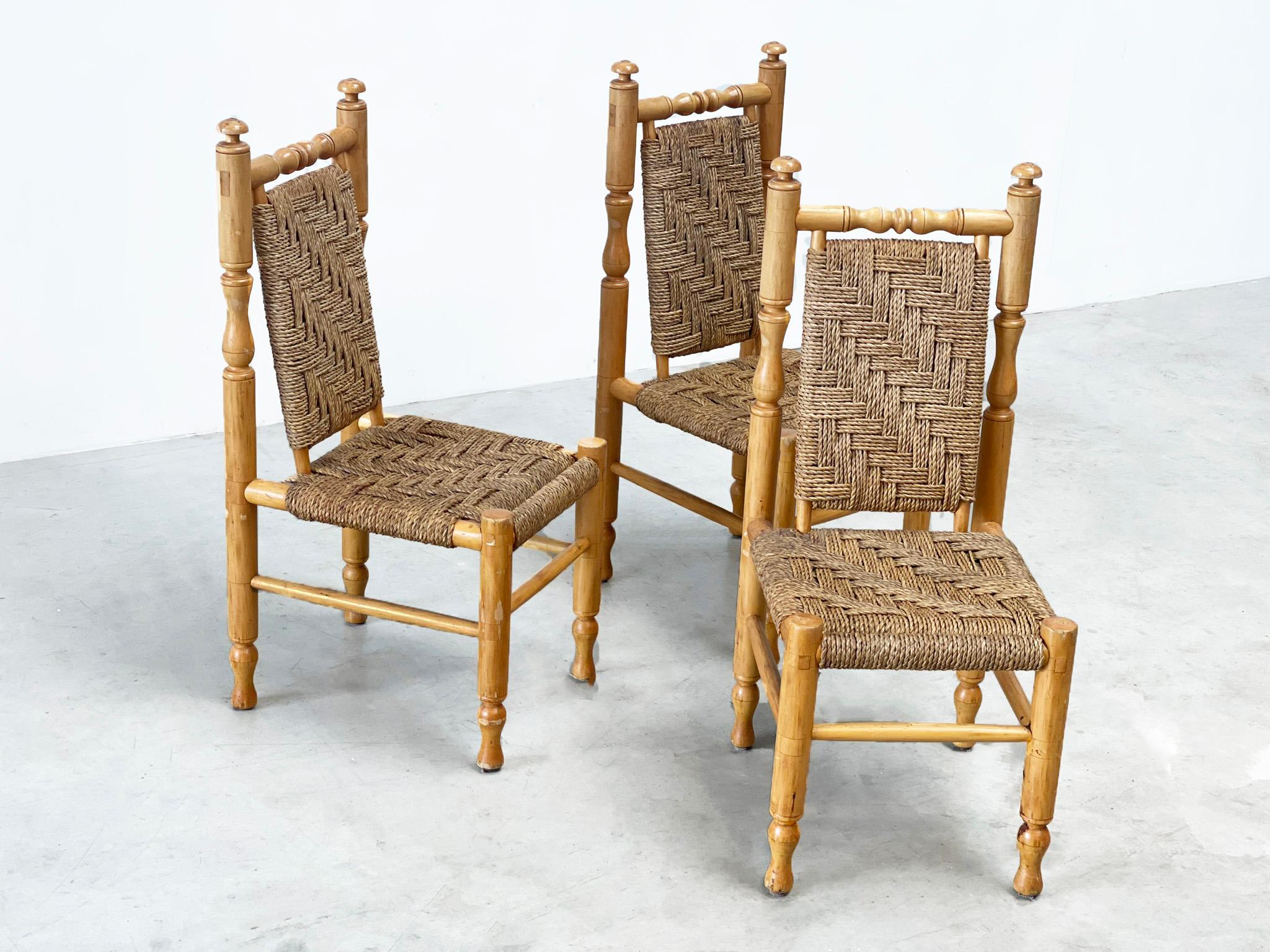 Rattan set of 3 sidechairs / dining chairs by by Adrien Audoux & Frida Minet For Sale