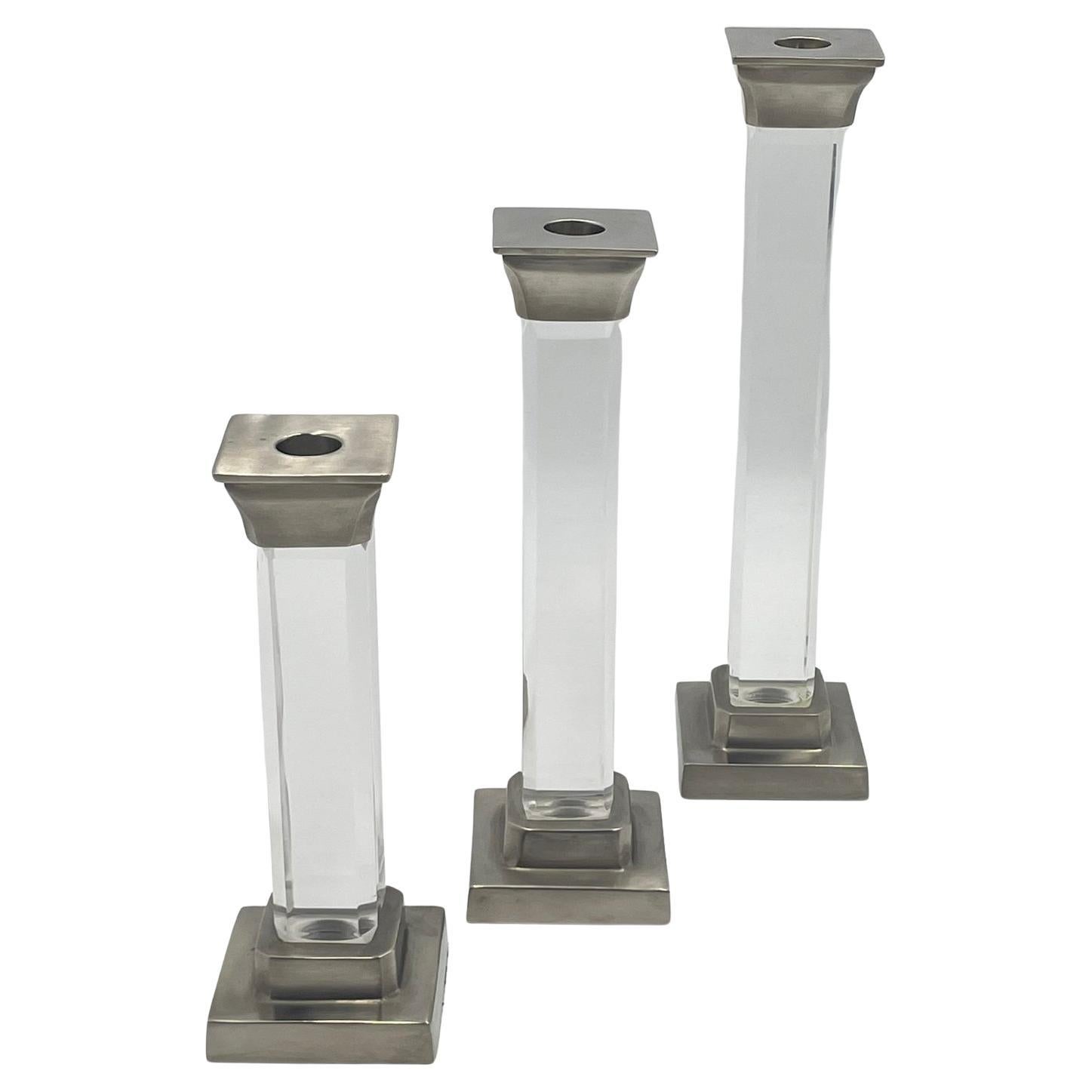 Set of 3 Signed Lucite & Aged Nickel Candle Holders by Charles Hollis Jones, USA