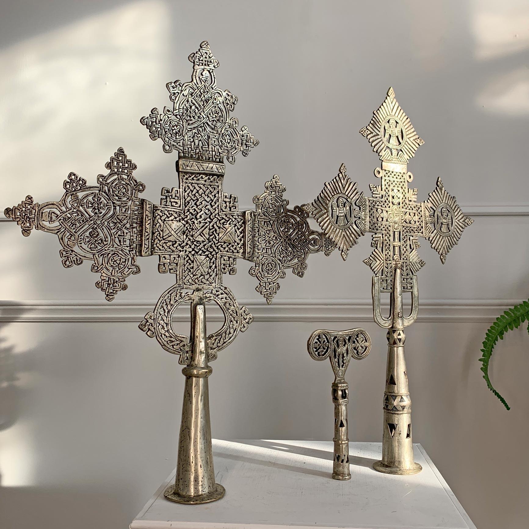 Hand-Crafted Set of 3 Silver Ethiopian Processional Crosses