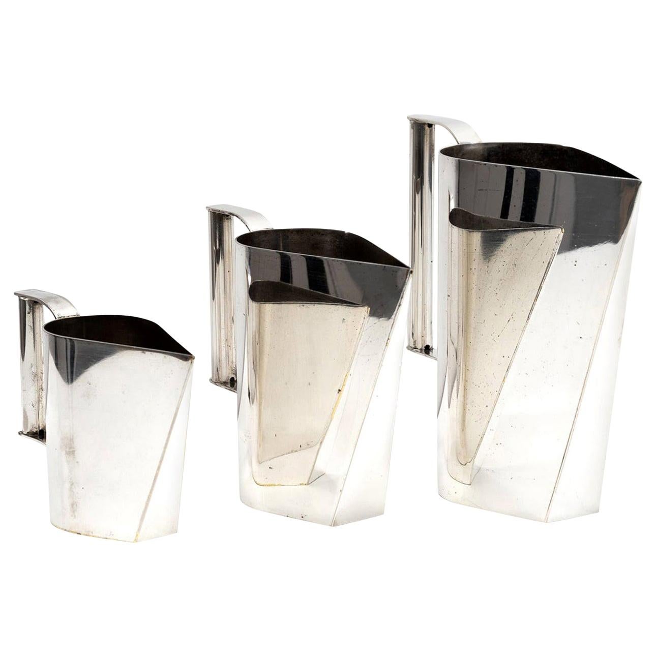 Set of 3 Silver Plated Modernist Pitchers Attributed to Cini Boeri, circa 1975 For Sale