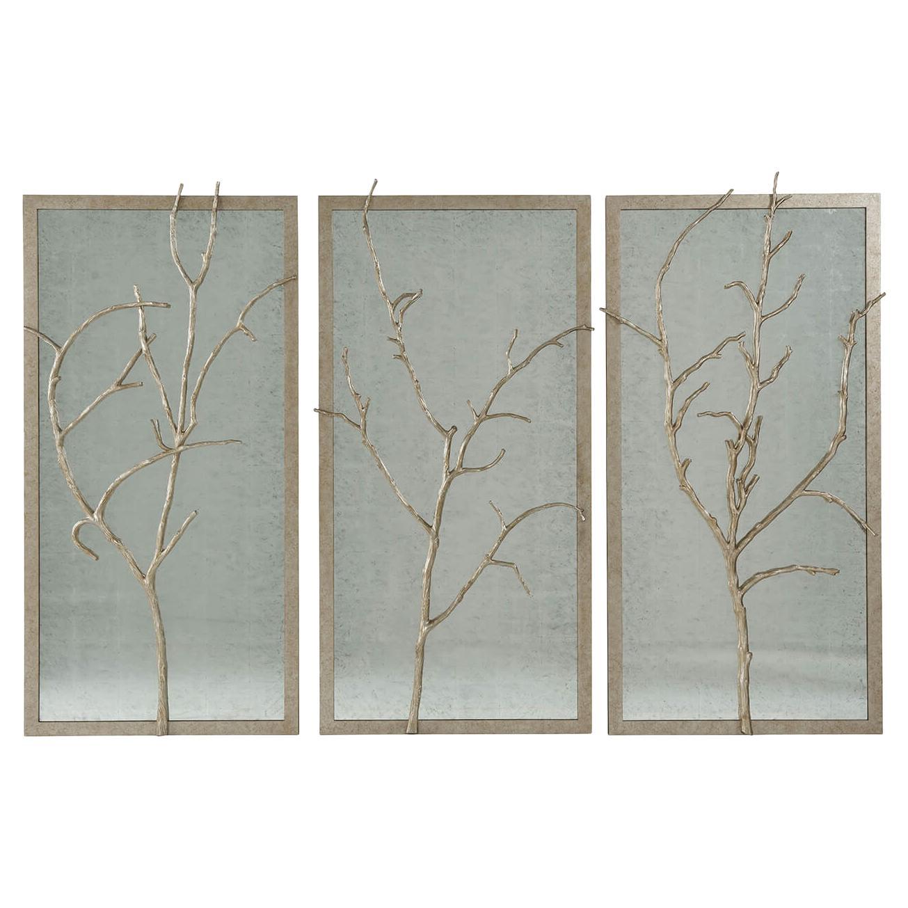 Set of 3 Silvered Metal and Wood Wall Panels
