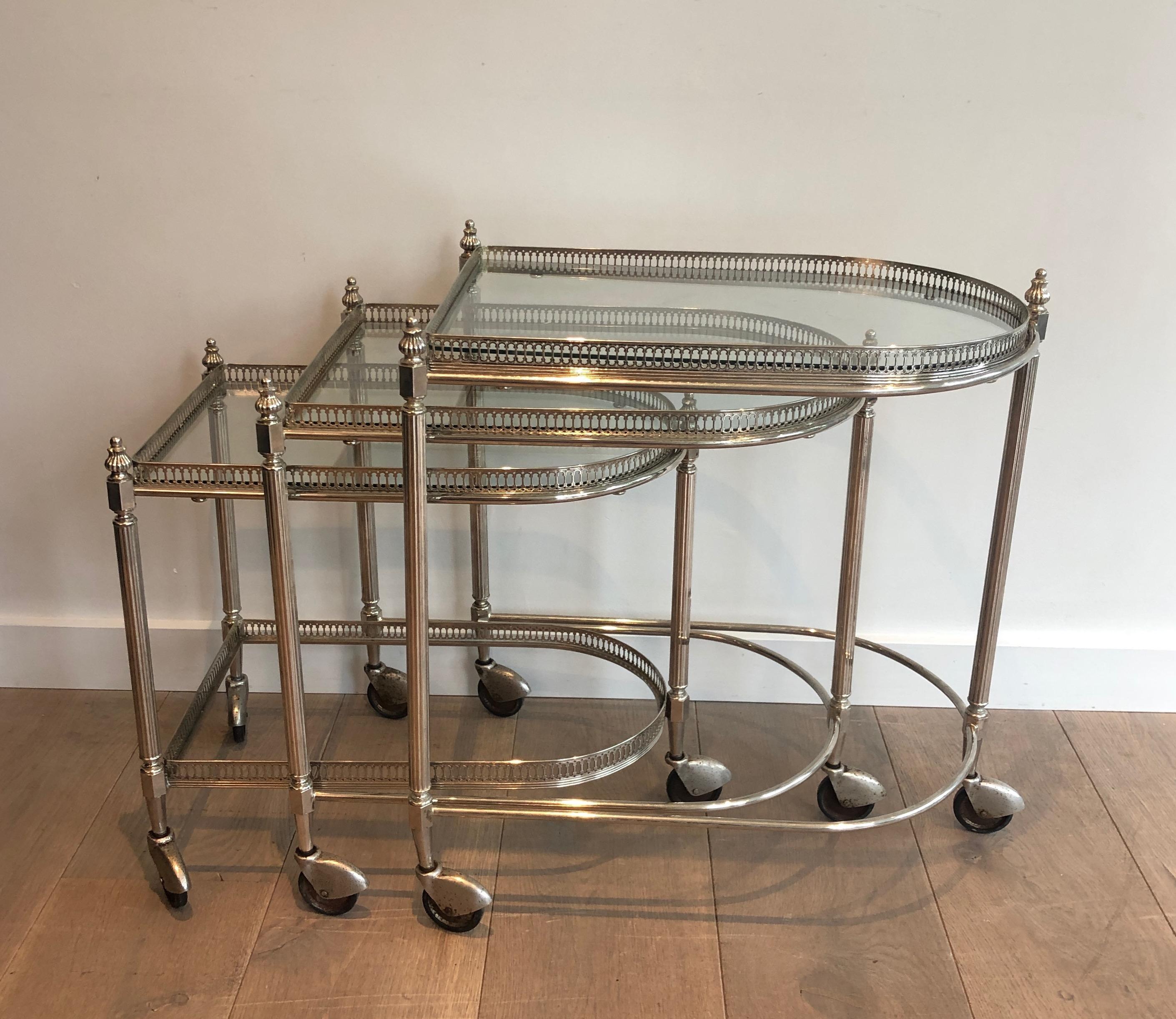 Set of 3 silvered on brass nesting drinks trolleys by Maison Baguès 5