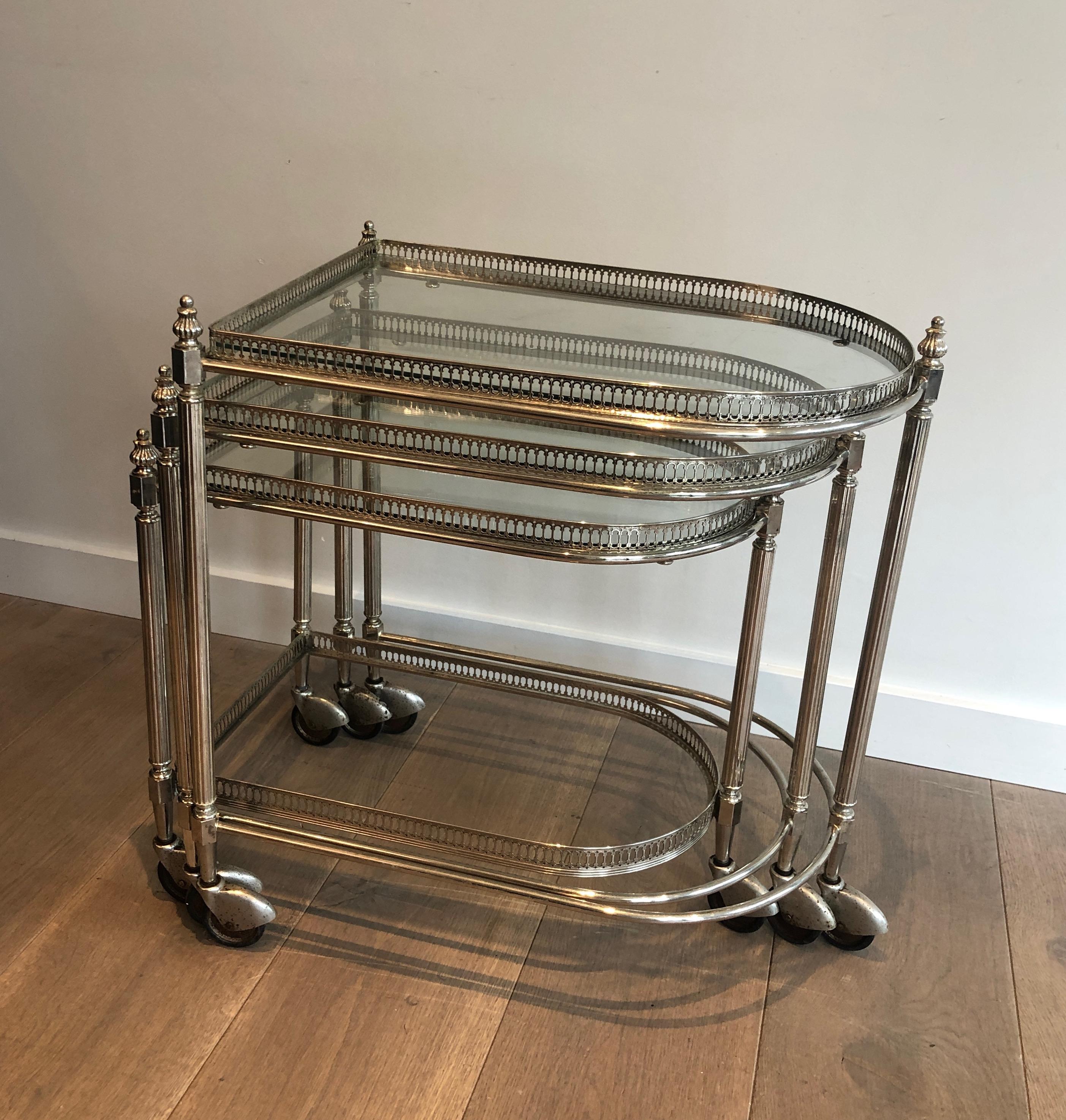 Set of 3 silvered on brass nesting drinks trolleys by Maison Baguès 7