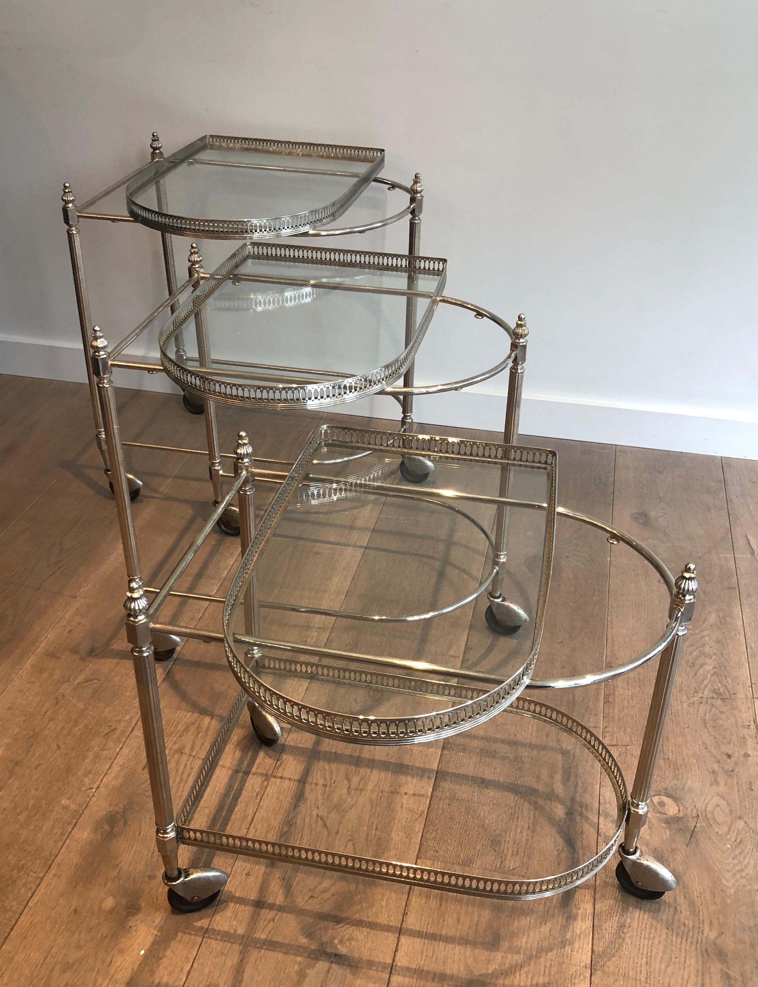 Set of 3 silvered on brass nesting drinks trolleys by Maison Baguès 9
