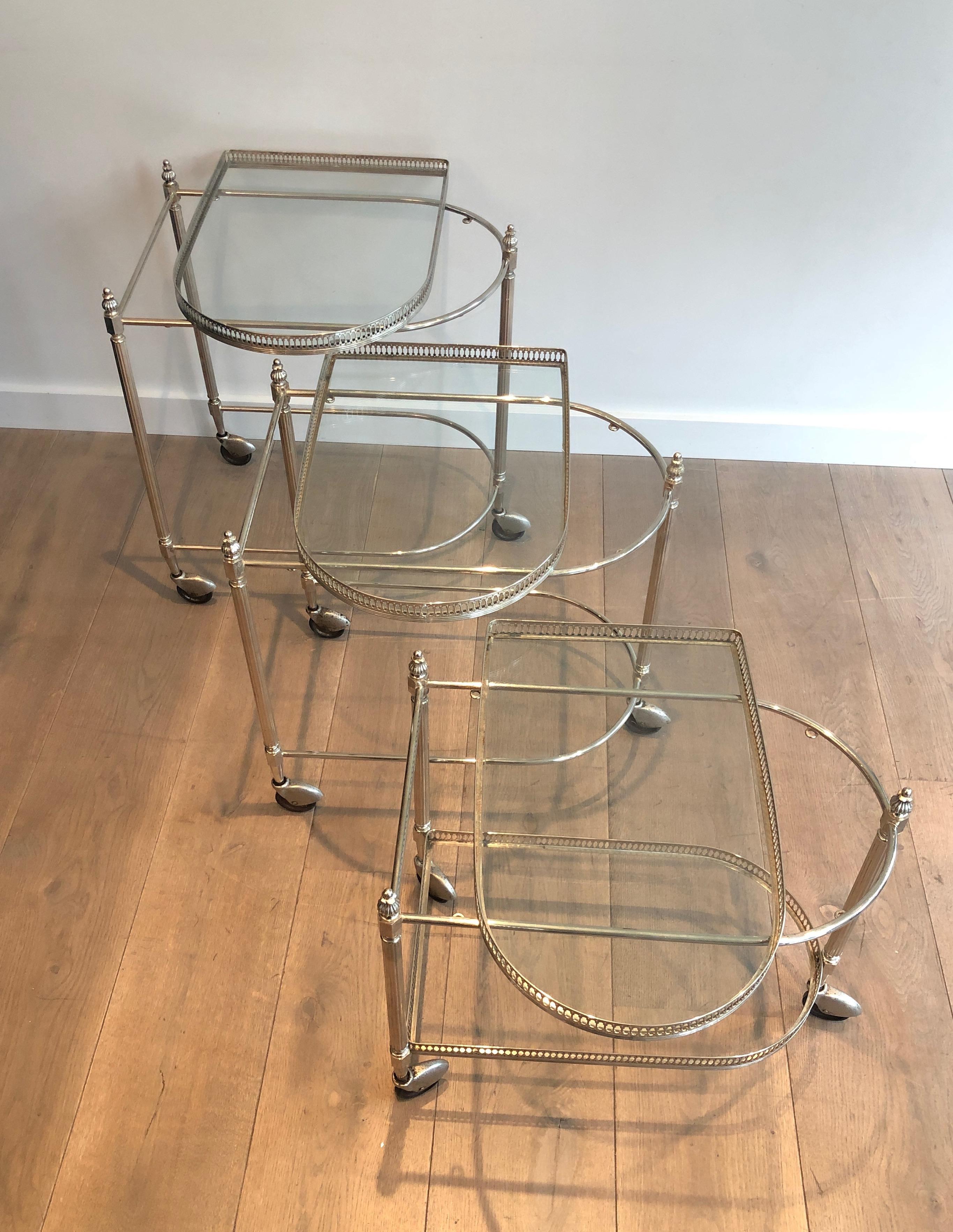 Neoclassical Set of 3 silvered on brass nesting drinks trolleys by Maison Baguès