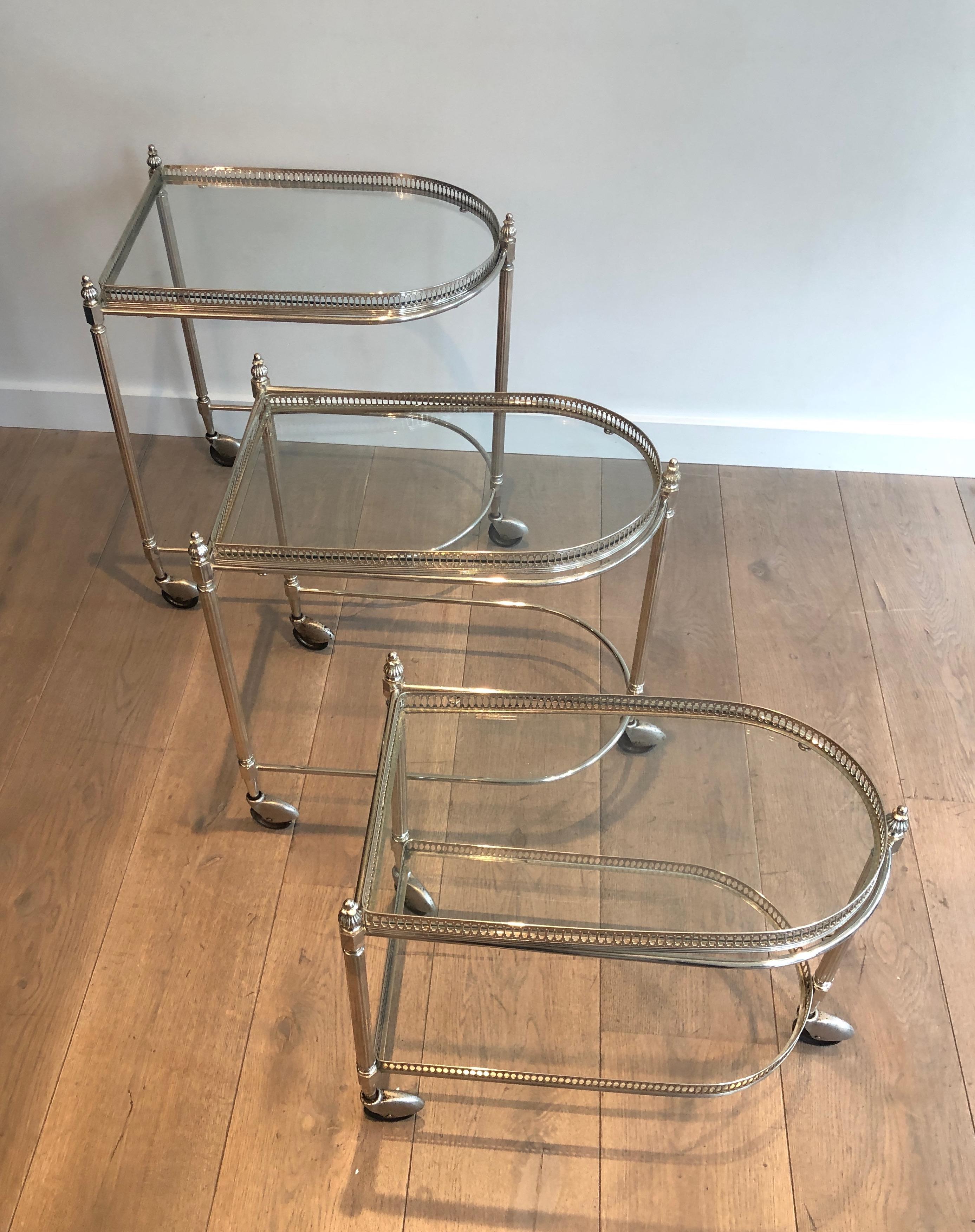 French Set of 3 silvered on brass nesting drinks trolleys by Maison Baguès