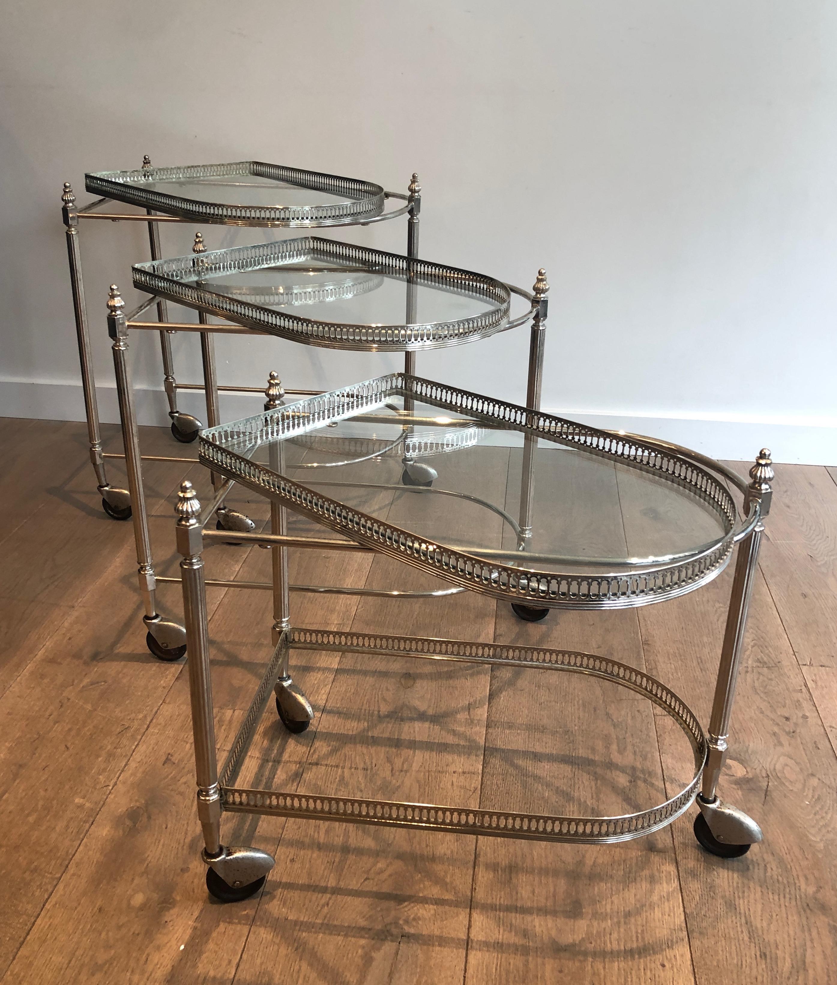 Silvered Set of 3 silvered on brass nesting drinks trolleys by Maison Baguès