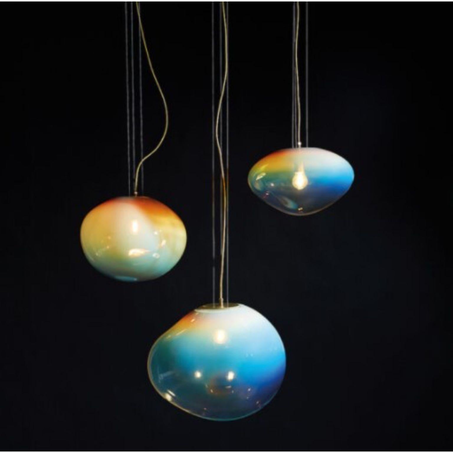 Set of 3 sirius M / L / XL blue pendants by ELOA
No UL listed 
Material: LED Bulb, Glass
Dimensions: D39 x W40 x H32/ D27 x W32 x H20 / D38 x W43 x H38 cm
Also available in different colours and dimensions.

All our lamps can be wired according to