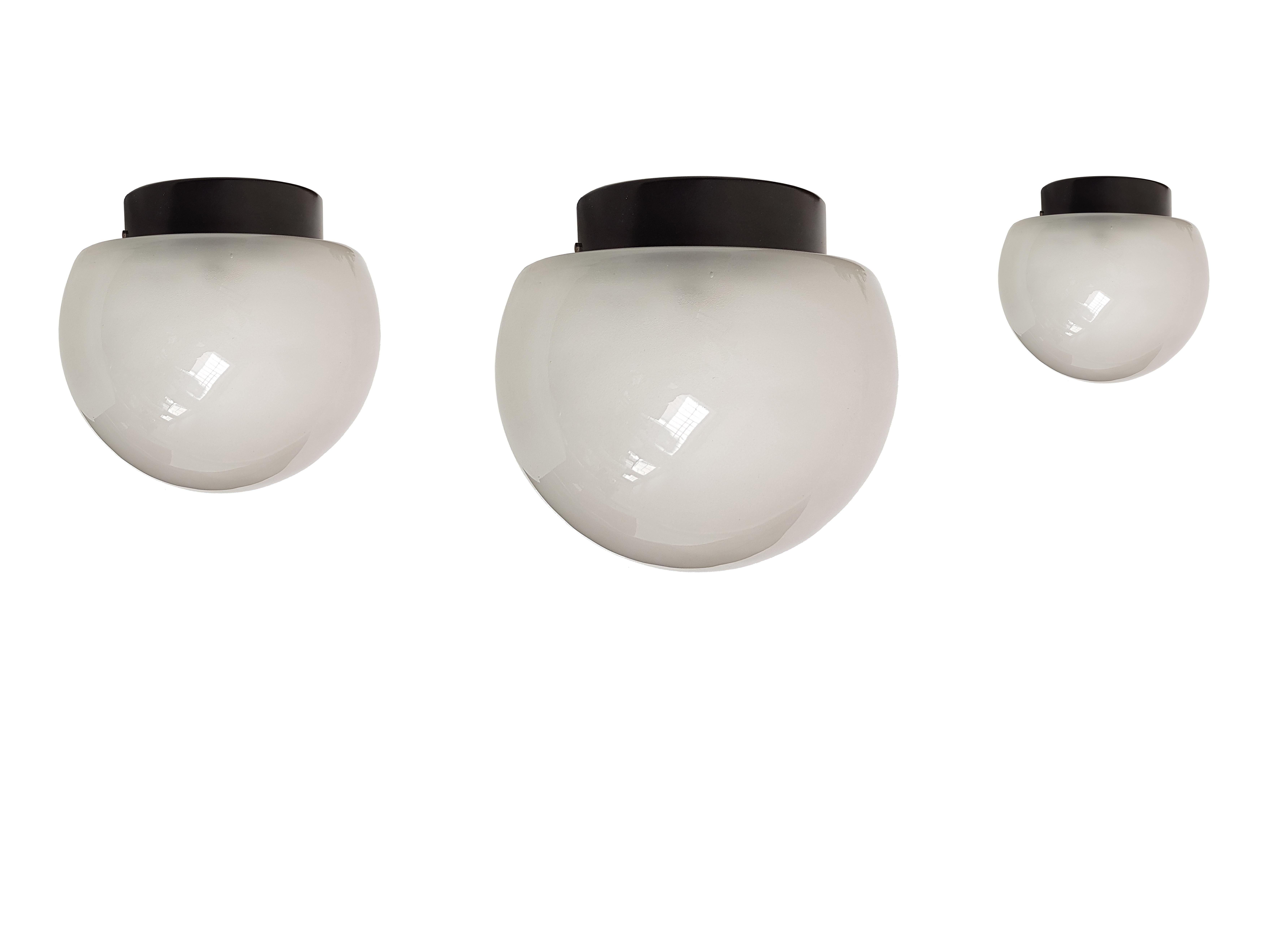 Set of 3 Sized Sandblasted Glass & Black Metal Shades Ceiling Lamp by Elio Marti 2