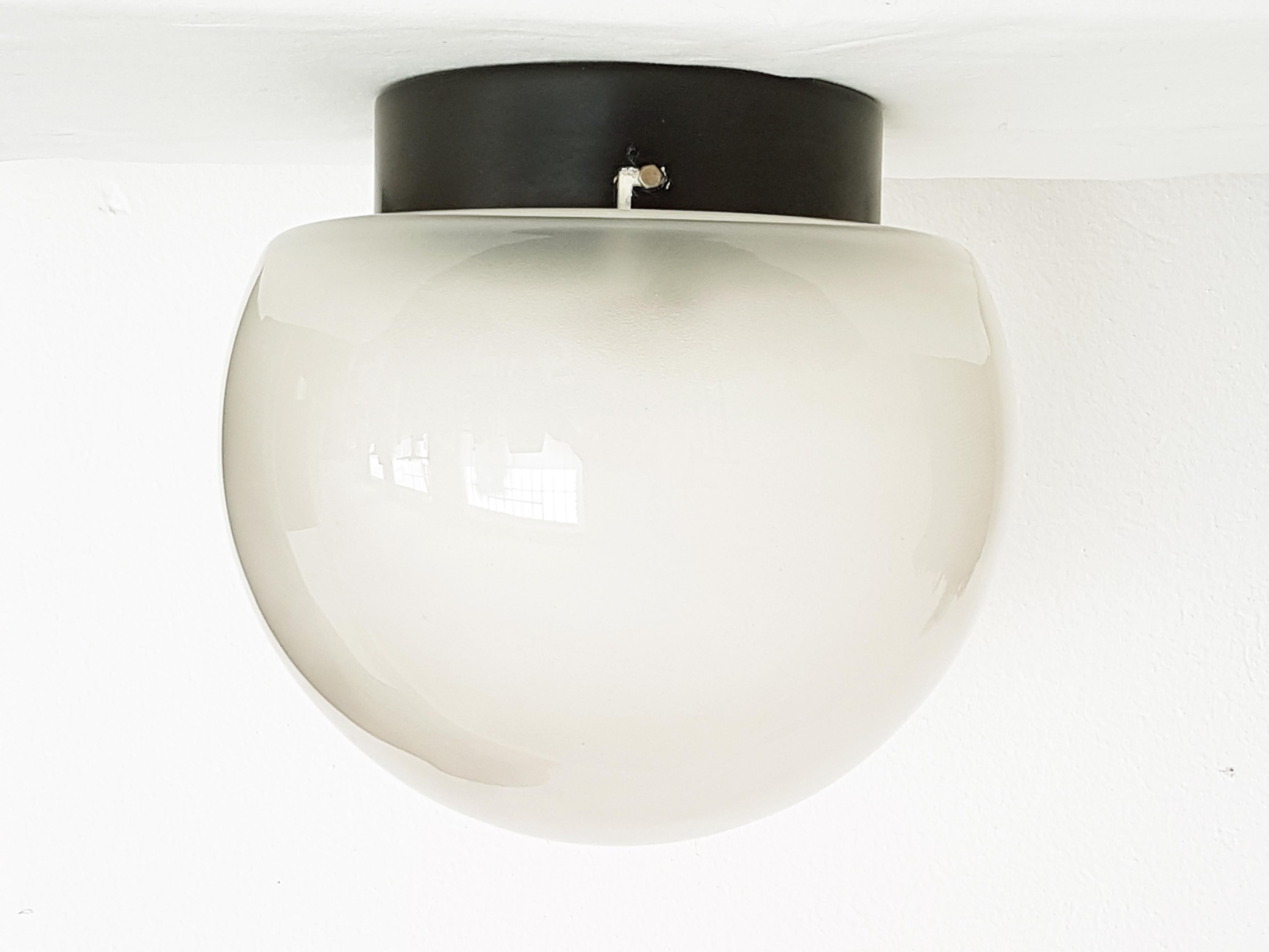 Space Age Set of 3 Sized Sandblasted Glass & Black Metal Shades Ceiling Lamp by Elio Marti
