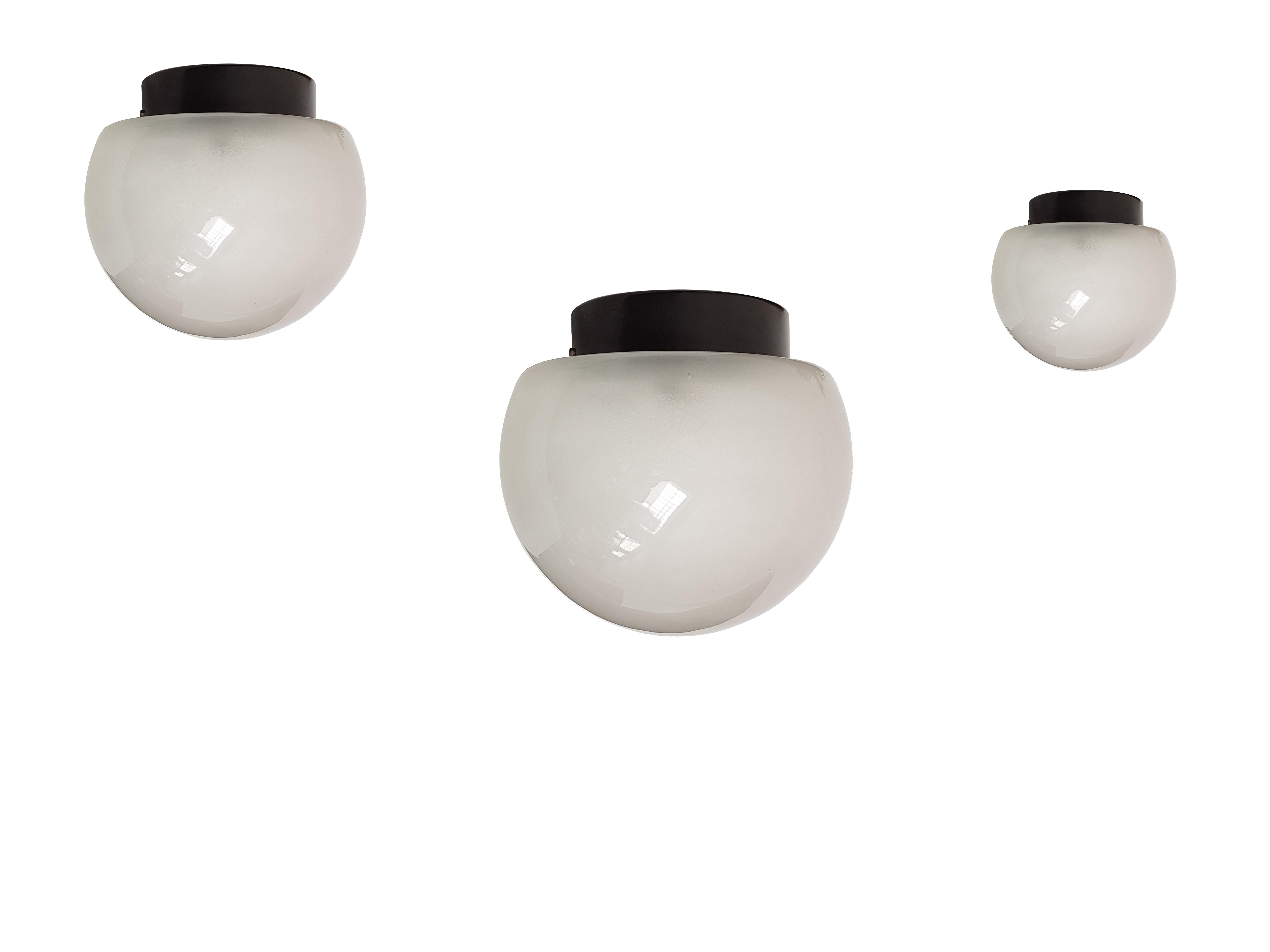 Blown Glass Set of 3 Sized Sandblasted Glass & Black Metal Shades Ceiling Lamp by Elio Marti