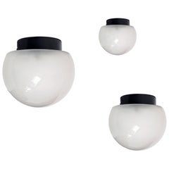 Set of 3 Sized Sandblasted Glass & Black Metal Shades Ceiling Lamp by Elio Marti