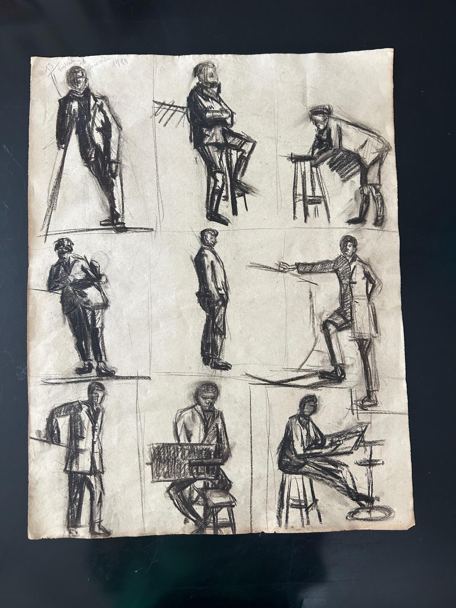 Set of three charcoal sketch boards of men – 1924
A rare series of three charcoal studies of men, dated 1924. The lines, both spontaneous and controlled, capture the sitter's attitude and expressive power. Each sketch demonstrates a keen sense of