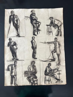 Set of 3 Charcoal Sketch Boards of Men, Art Deco, France, 1924