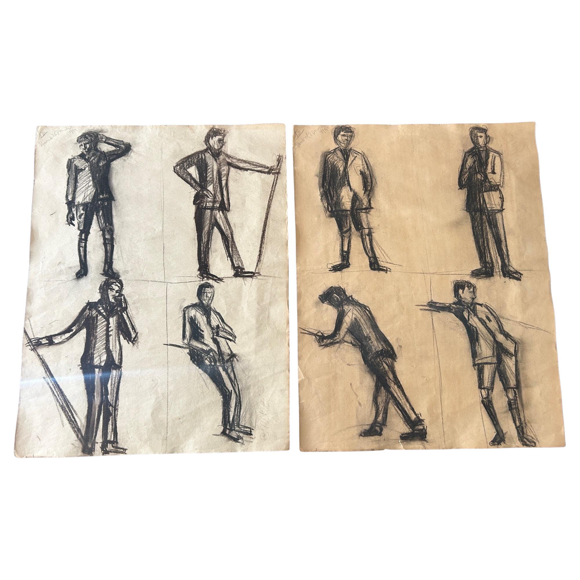 Set of 3 sketch boards of men , 1924 For Sale