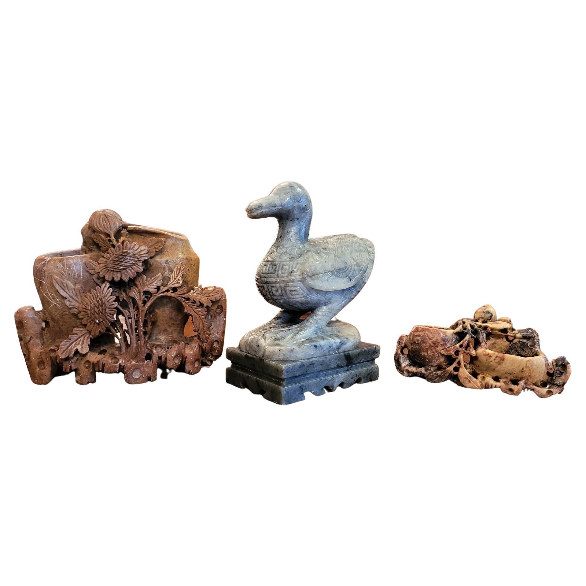 Set of 3 Small Chinese Carved Soapstone Sculptures For Sale