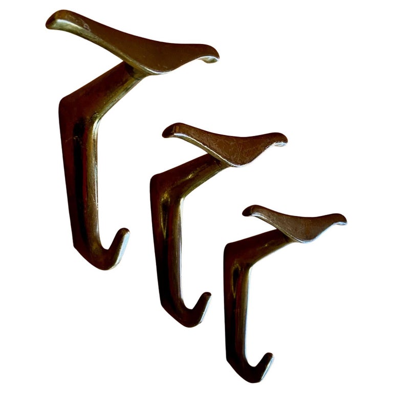 Set of 3 Small Double Midcentury Brass Hooks Coat Hangers, Manner of