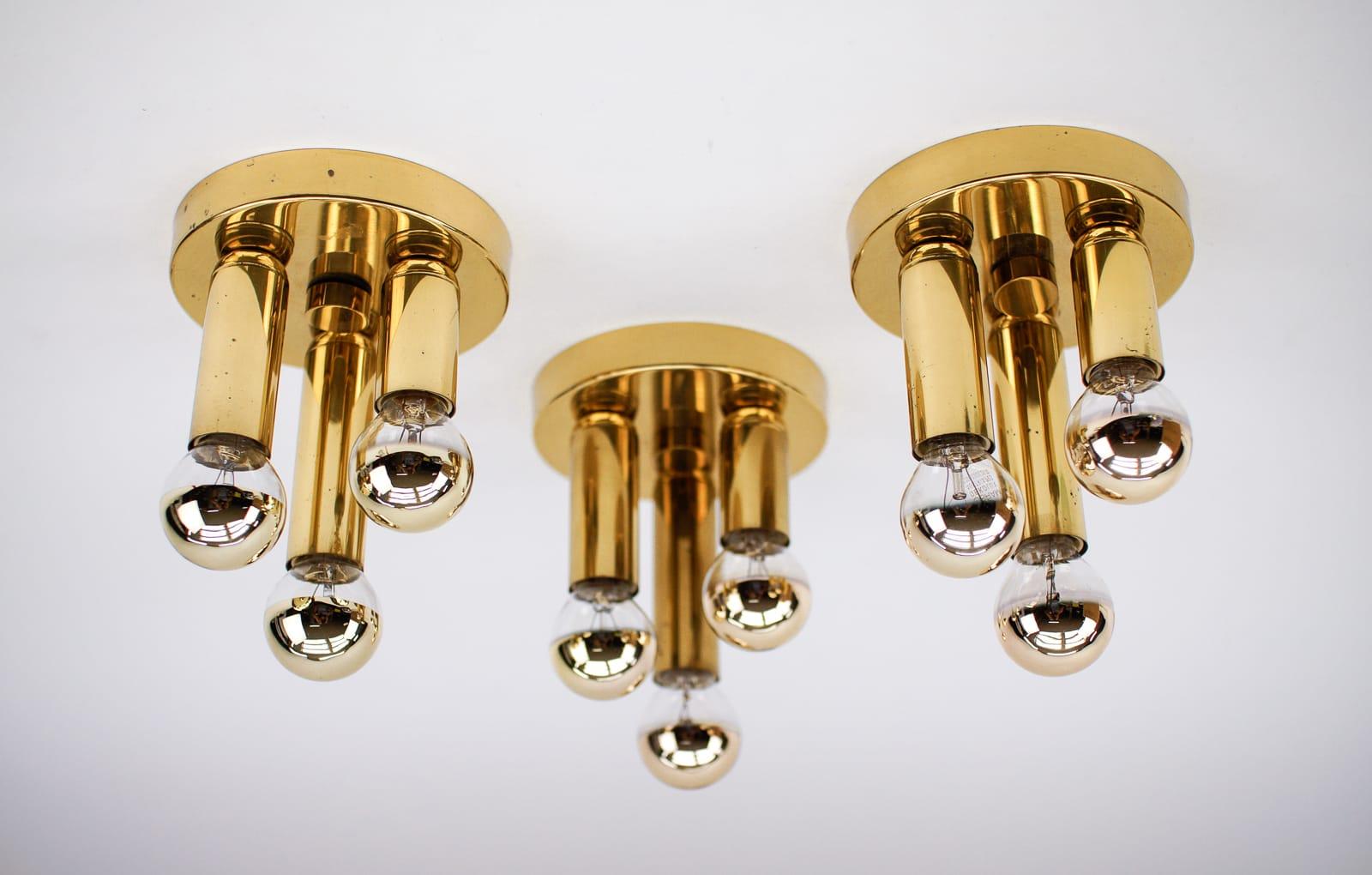 Mid-Century Modern Set of 3 Small Elegant Ceiling Lamps with Three Lights, 1970s, Germany For Sale