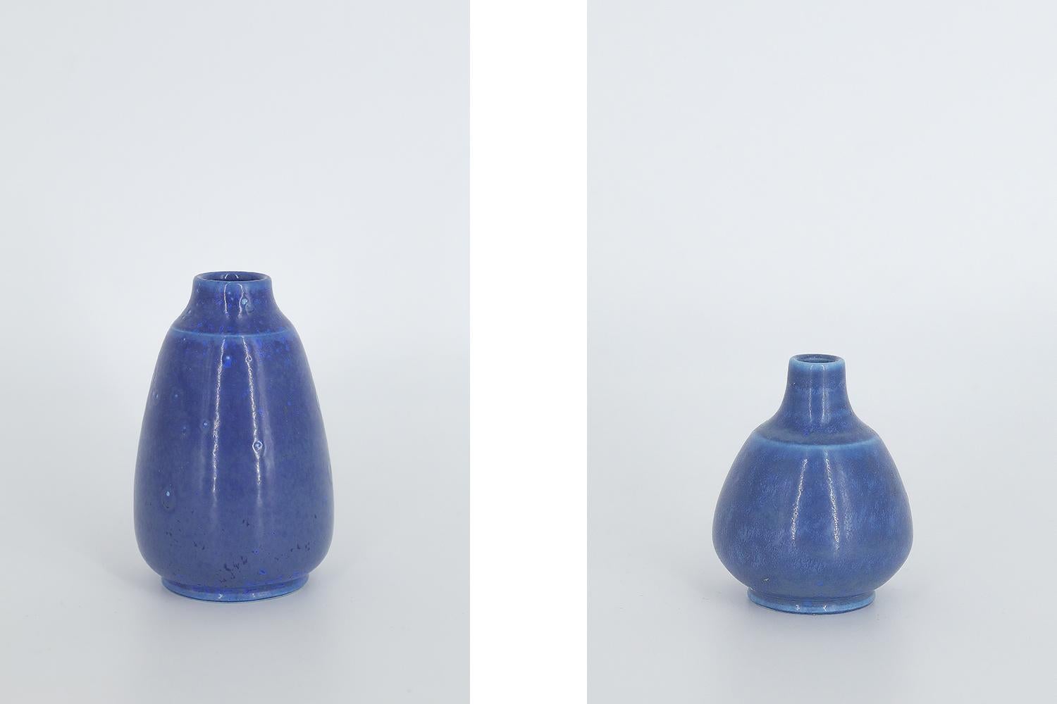 Swedish Set of 3 Small Mid-Century Scandinavian Modern Collectible Blue Stoneware Vase For Sale