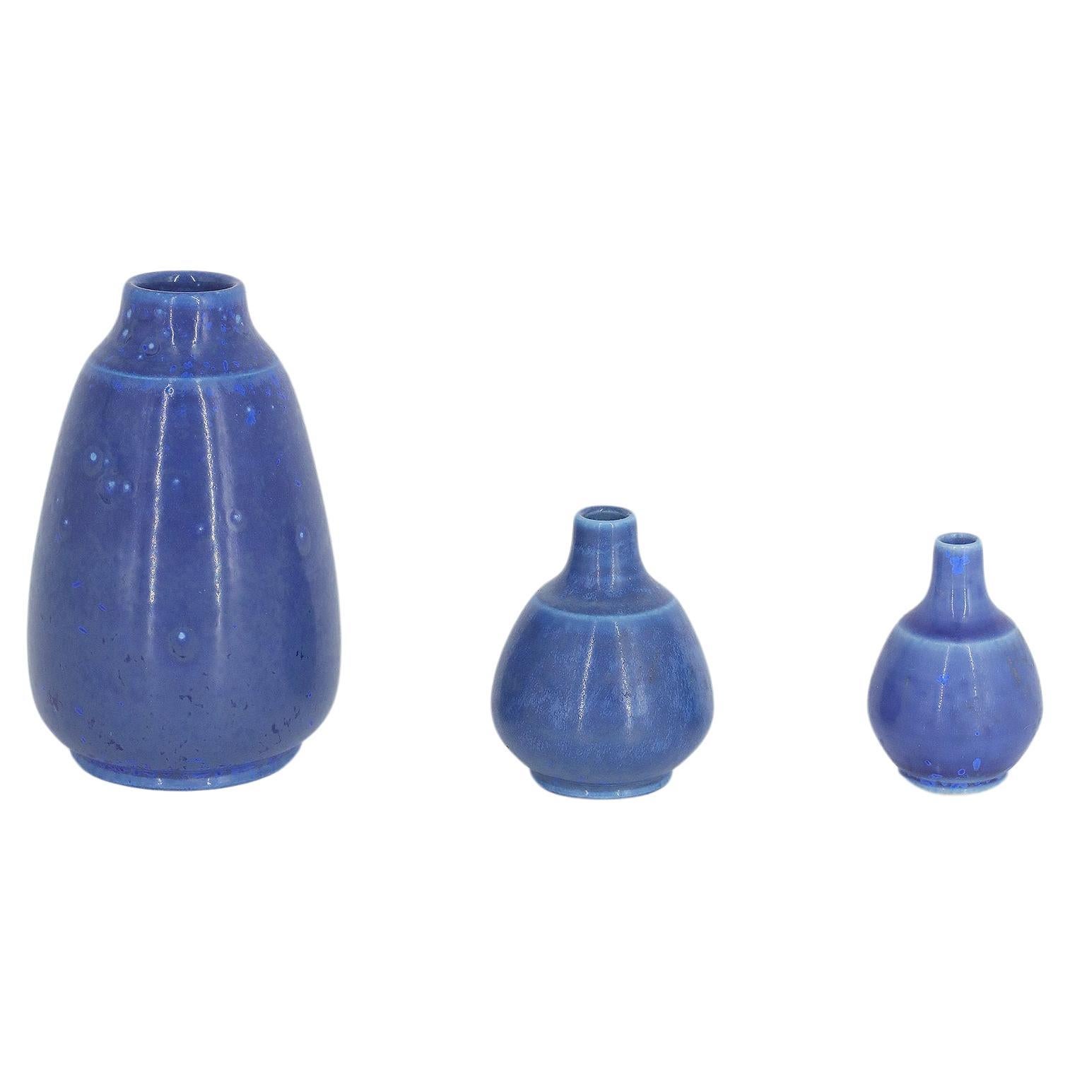 Set of 3 Small Mid-Century Scandinavian Modern Collectible Blue Stoneware Vase For Sale